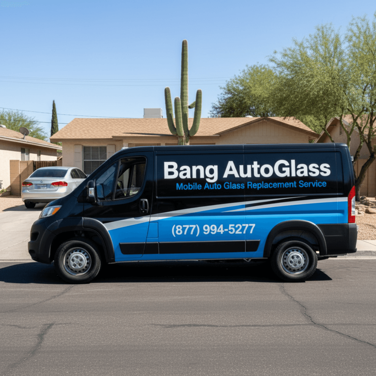 Bang AutoGlass mobile service van parked in Phoenix performing a front windshield replacement, with a saguaro cactus in the background.