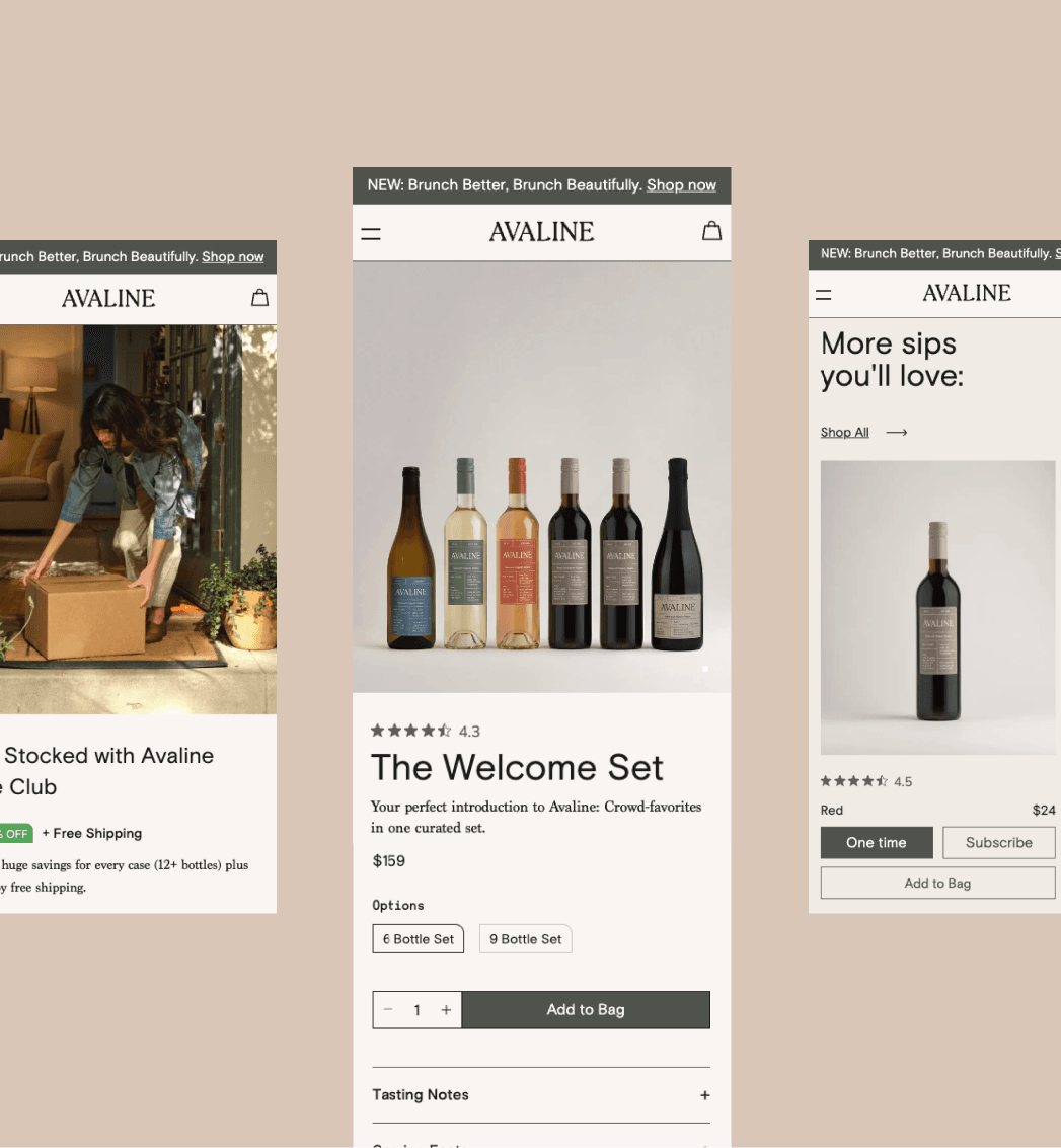 Avaline mobile storefront displaying wine products and bundle options