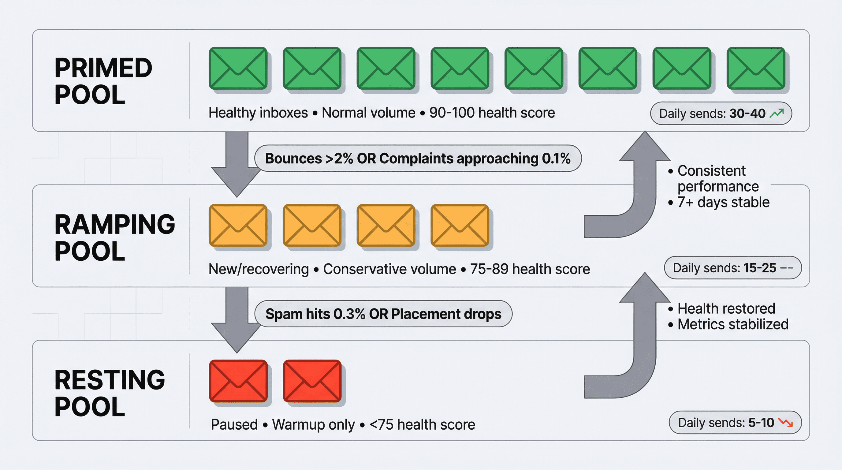Three-tier inbox portfolio management diagram showing Primed, Ramping, and Resting pools with health-based transitions