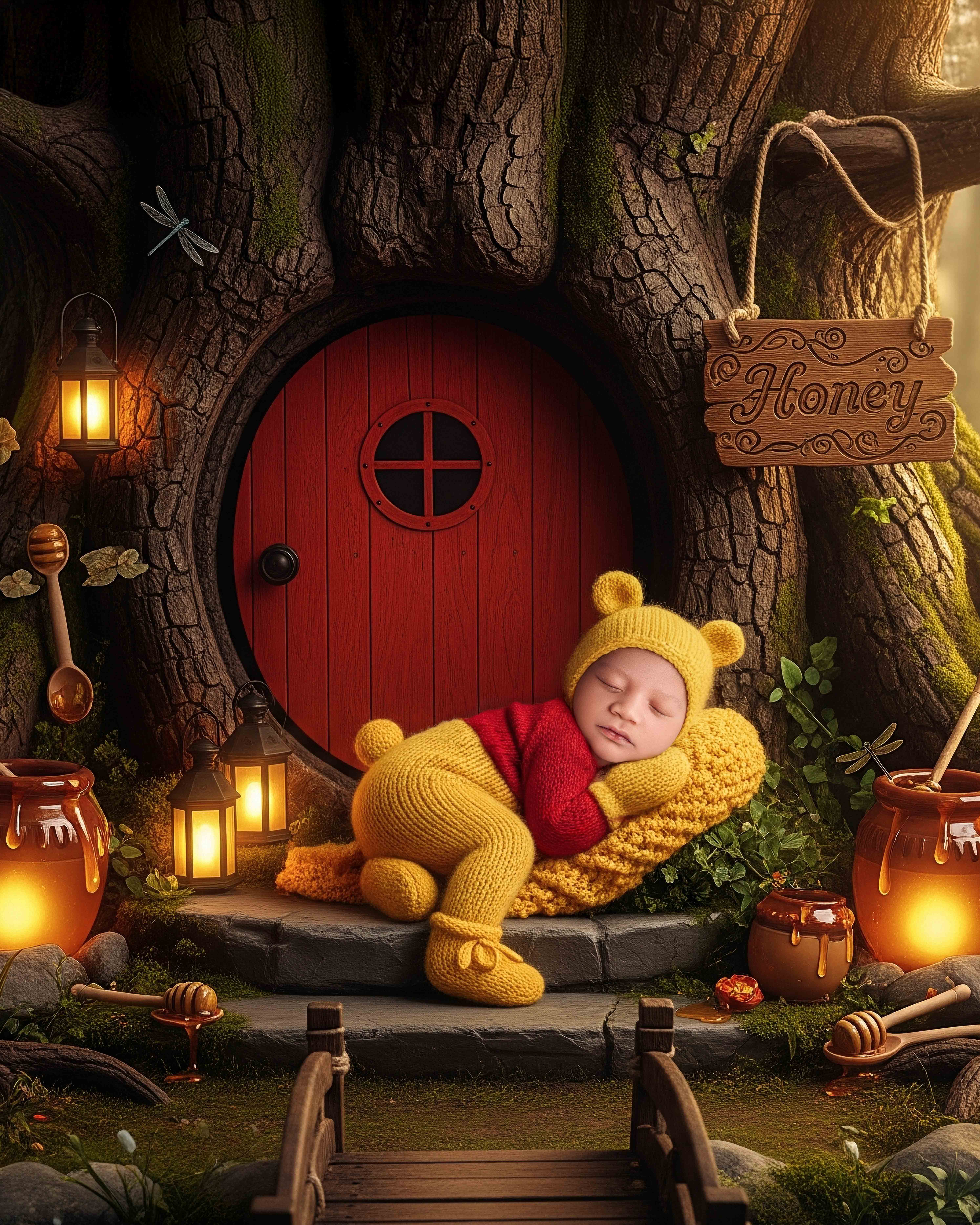 Newborn in whimsical forest setup with cottage-style background