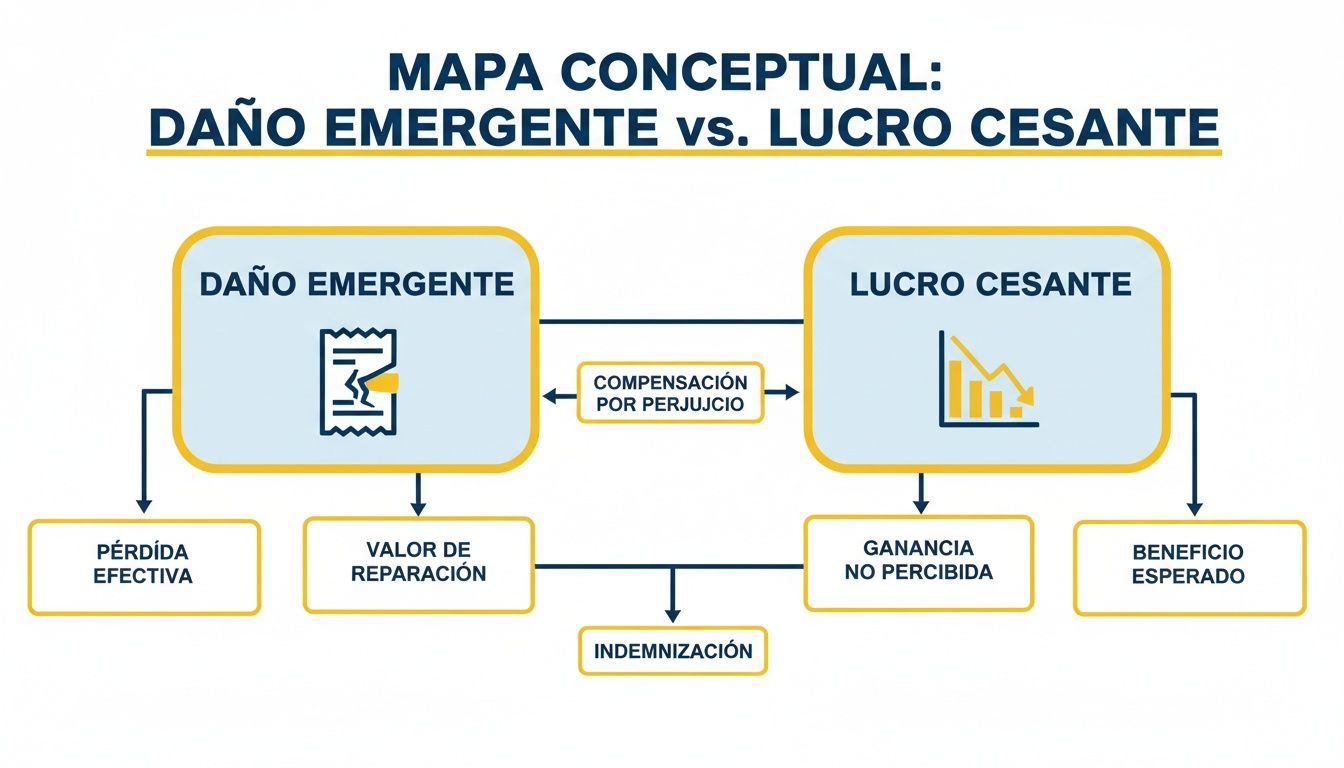 Mapa conceptual que explica el daño emergente y el lucro cesante, detallando sus componentes y la indemnización.