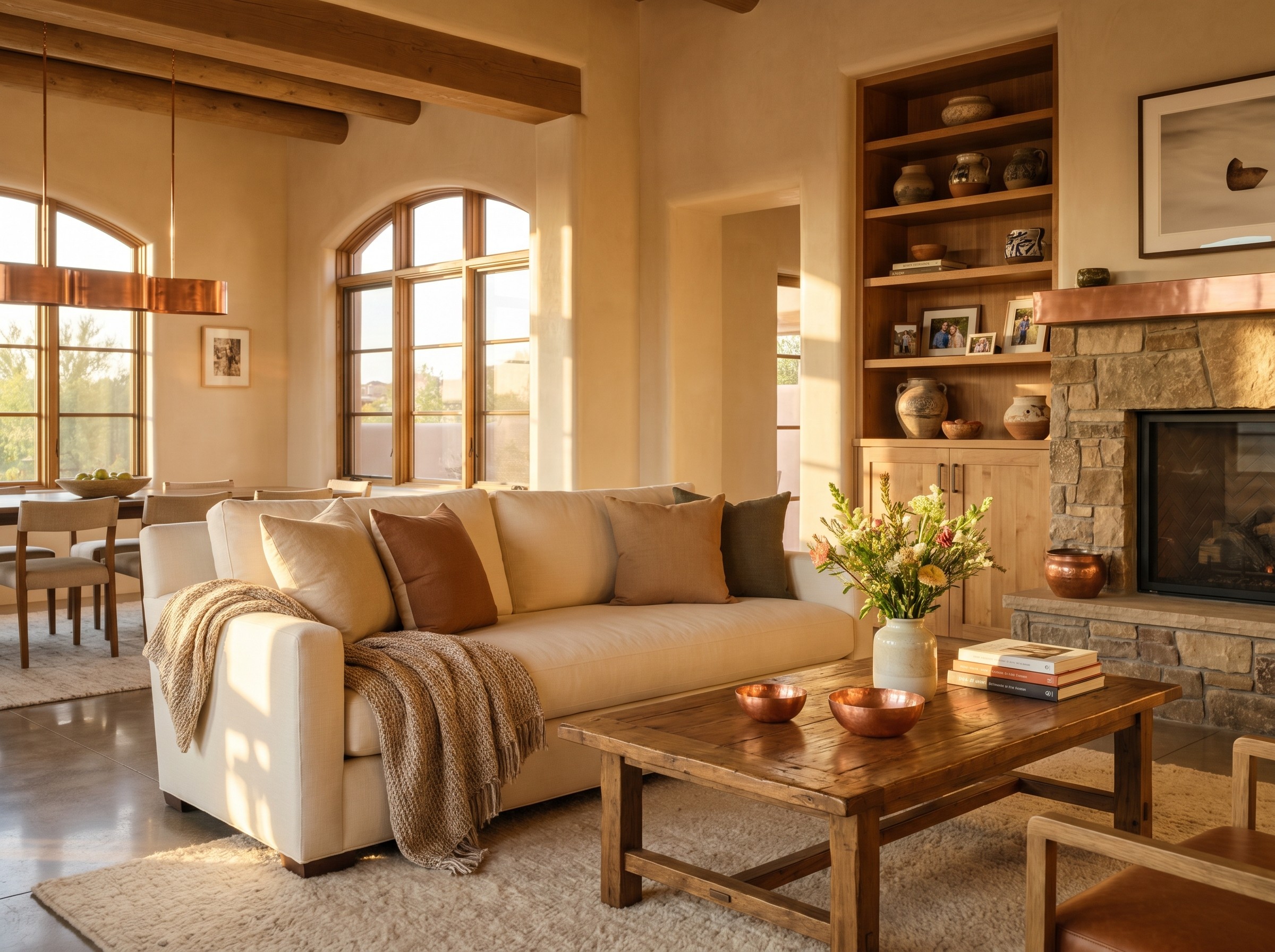 Stone fireplace lounge with guests socialising in warm lighting