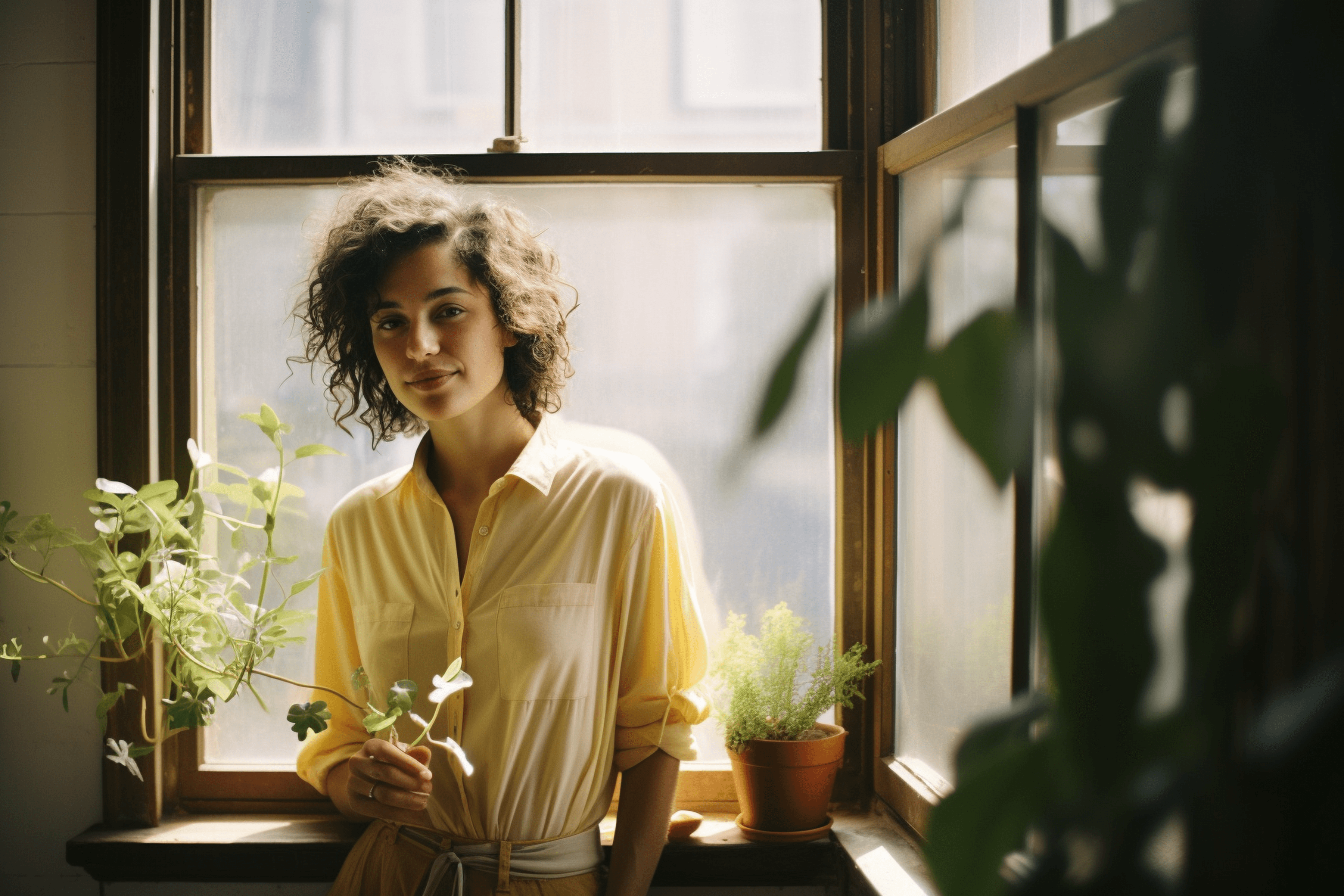 Maya Torres, founder of Fieldnote, standing by a sunlit office window