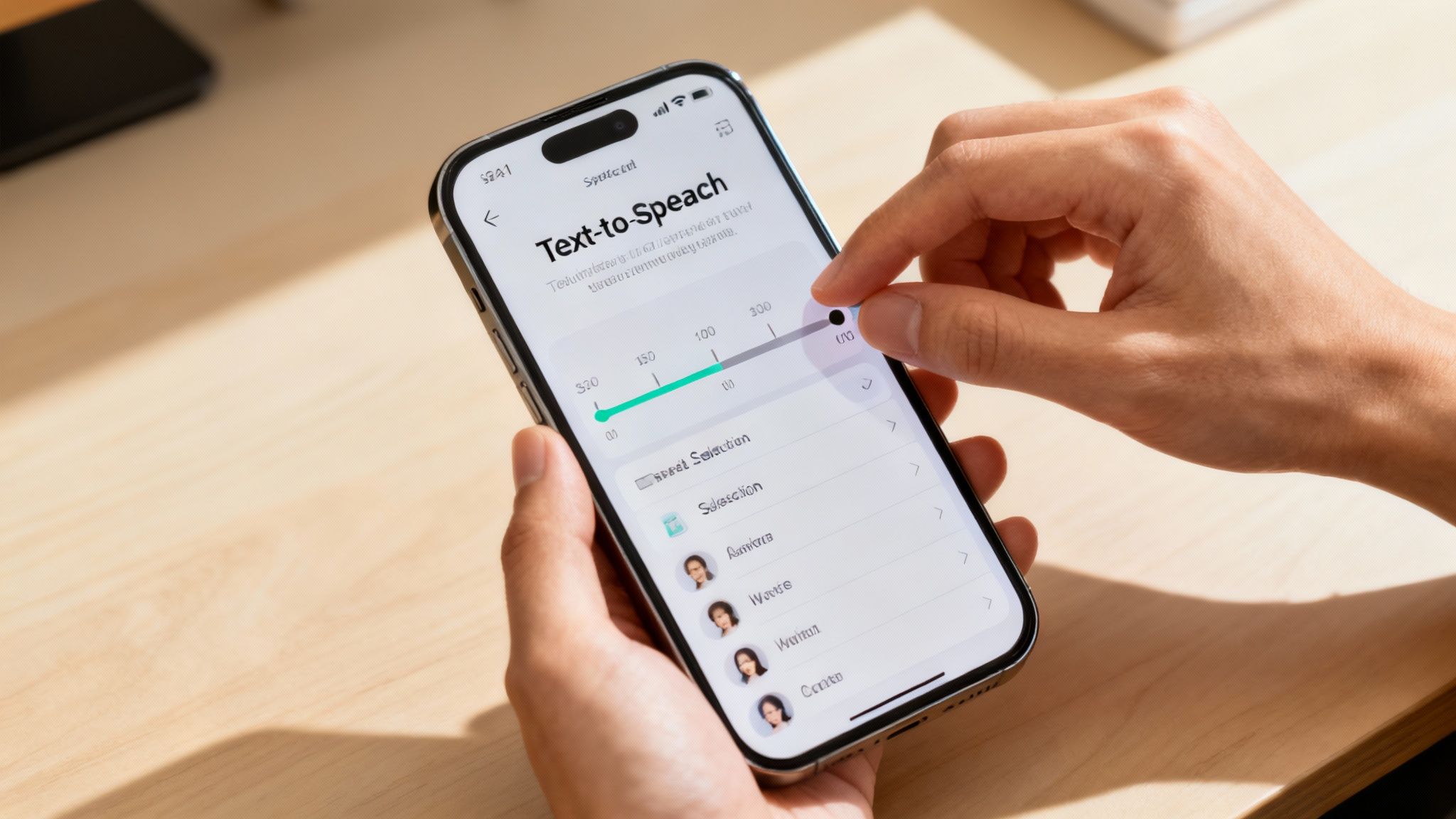 Speak4Me – The app's interface shows clear options for selecting voices and adjusting playback speed.