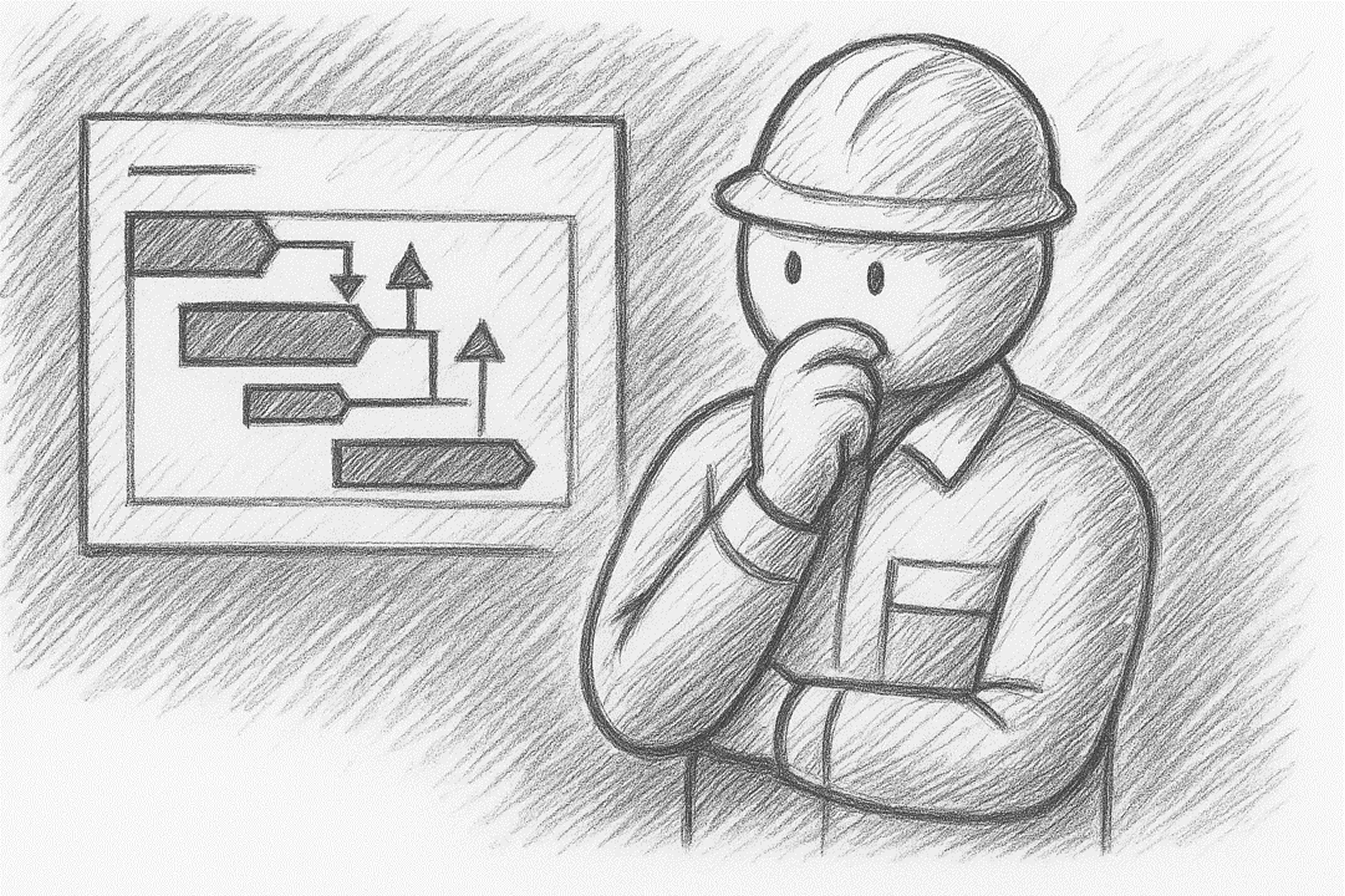 안전모와 안전복을 착용한 채 공사 일정을 살펴보는 현장 소장의 모습