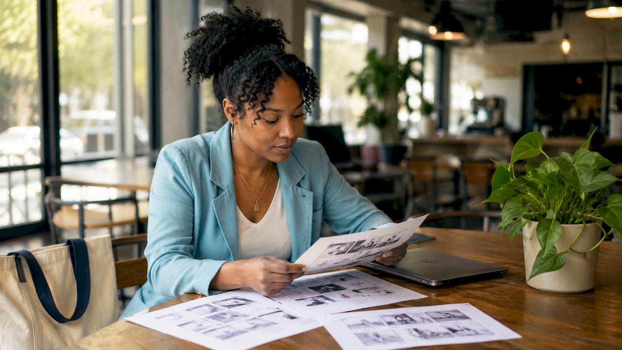 Woman reviewing nonprofit film storyboards at office desk