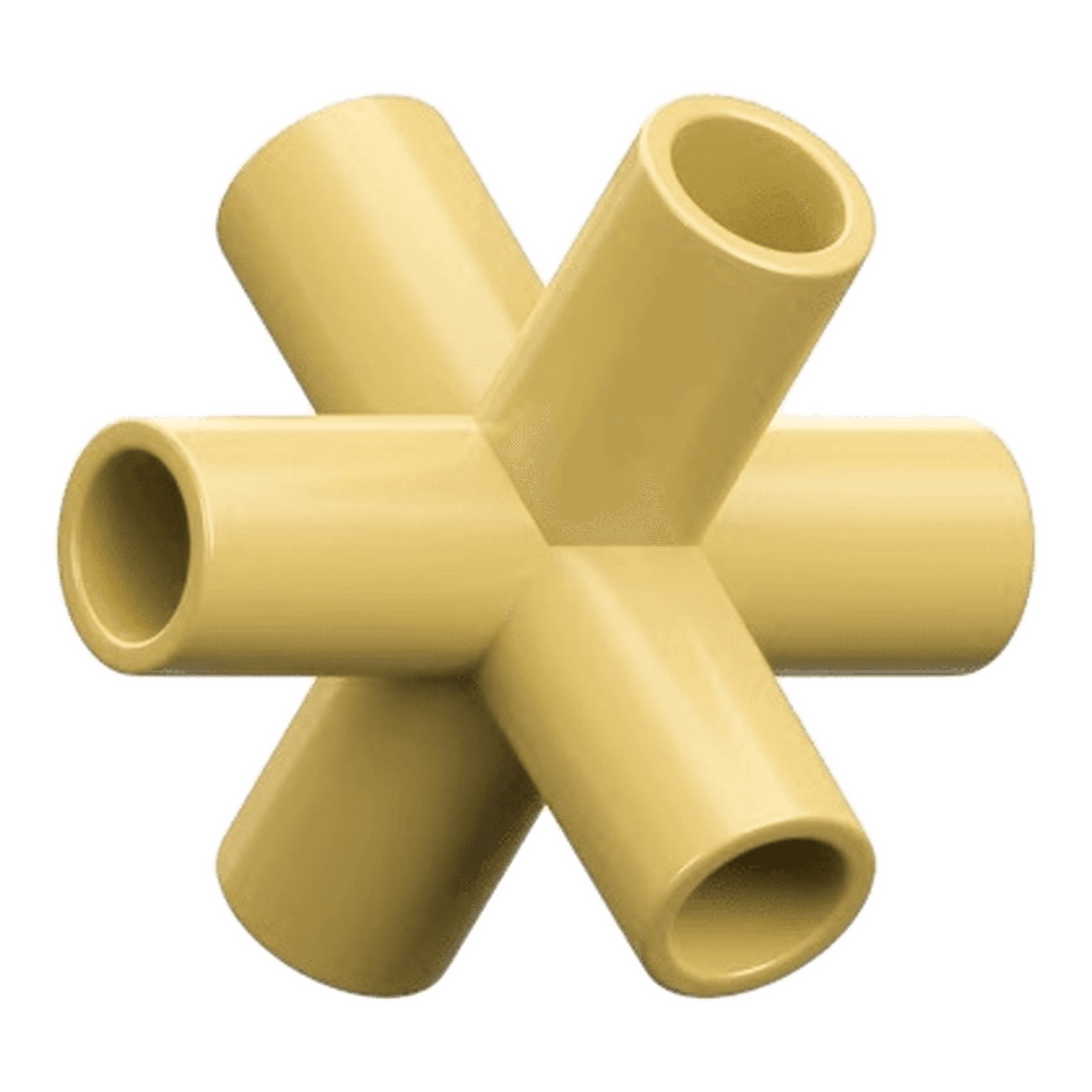 A 3D rendered geometric shape resembling a purple plastic pipe connector with six cylindrical openings arranged symmetrically, showcasing a modern and abstract design.