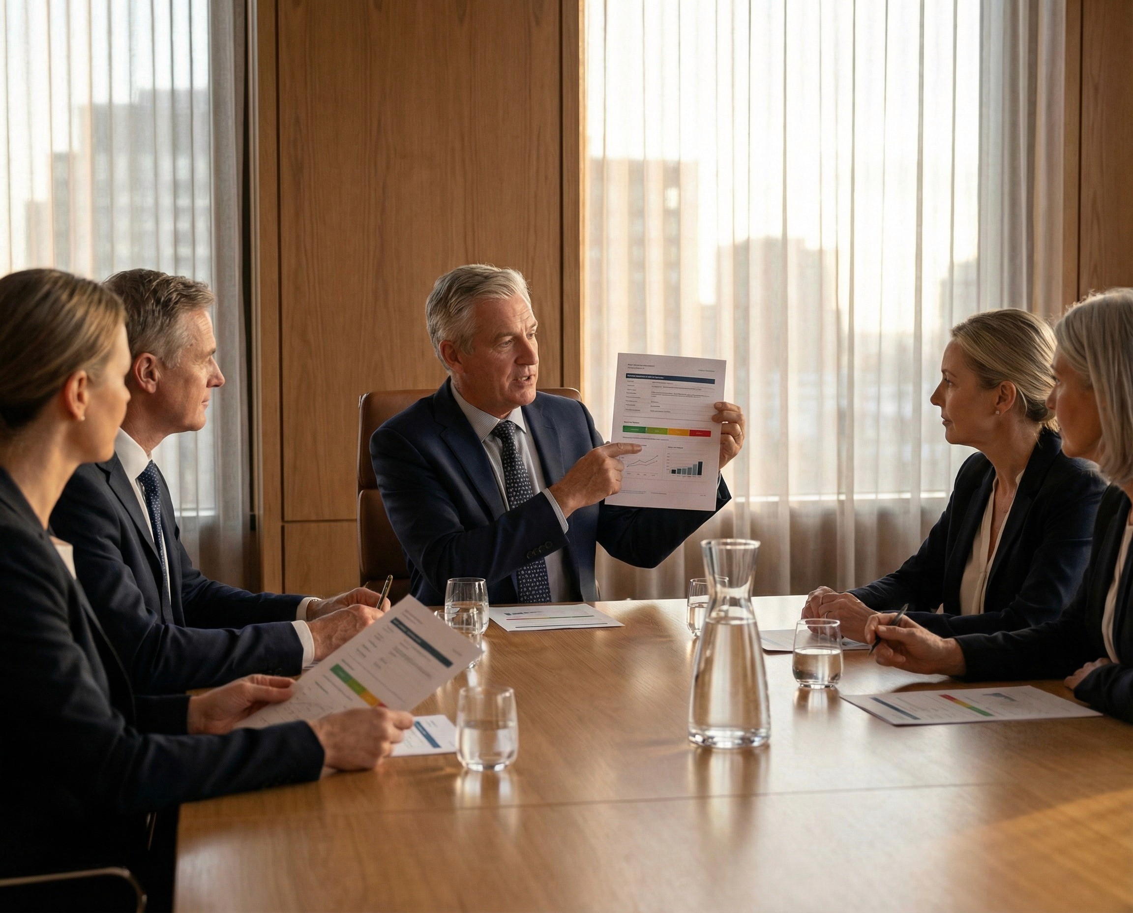 A board chair in his early 60s sitting at the head of a large boardroom table during a governance meeting, holding a single-page psychosocial risk summary in one hand while three or four other board members are visible along the sides of the table, each with their own copy of the same document in front of them. The chair is mid-sentence, looking up from the page toward the group, his expression one of informed authority — someone who has read the numbers, understood the picture, and is now directing the conversation.