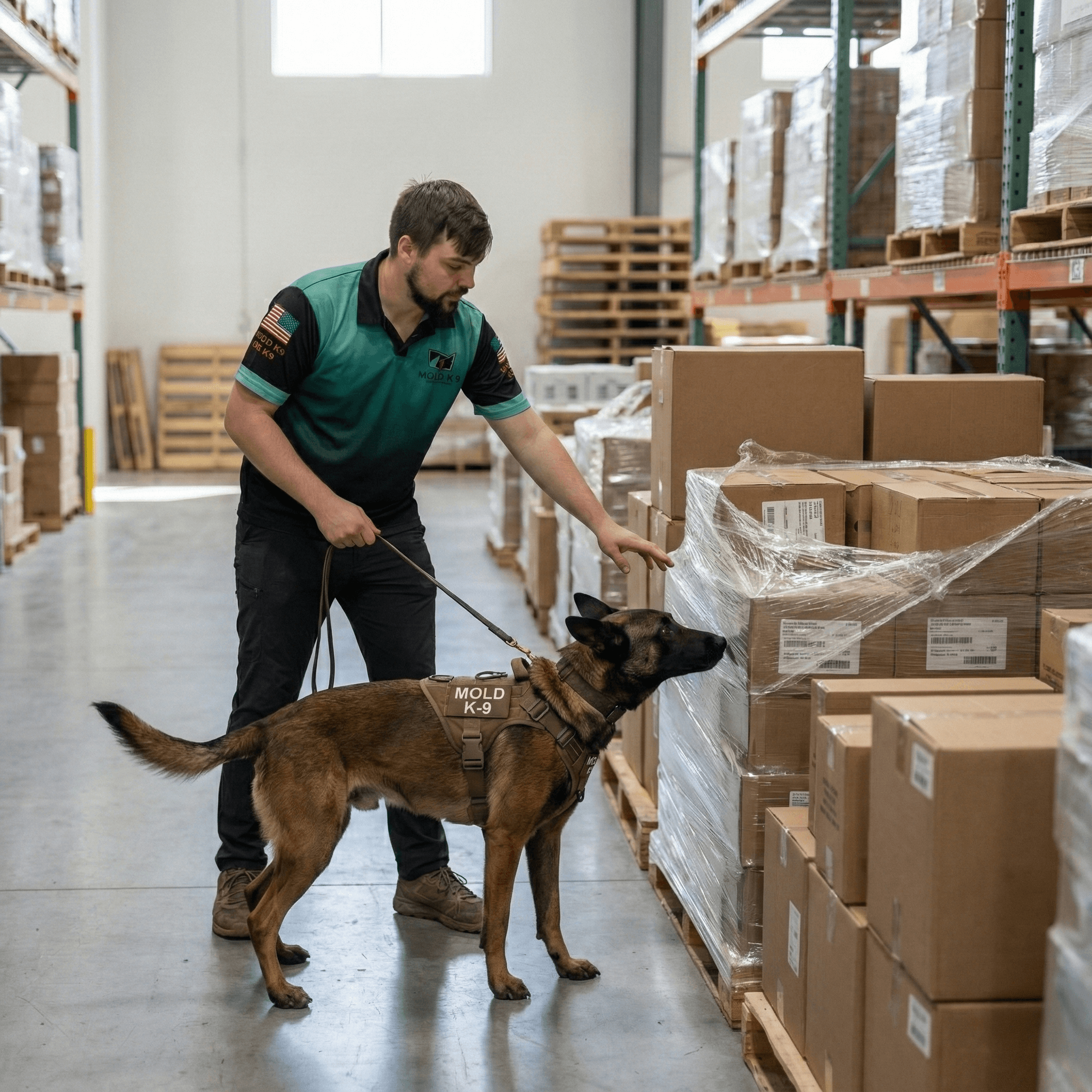 mold dog inspecting packages