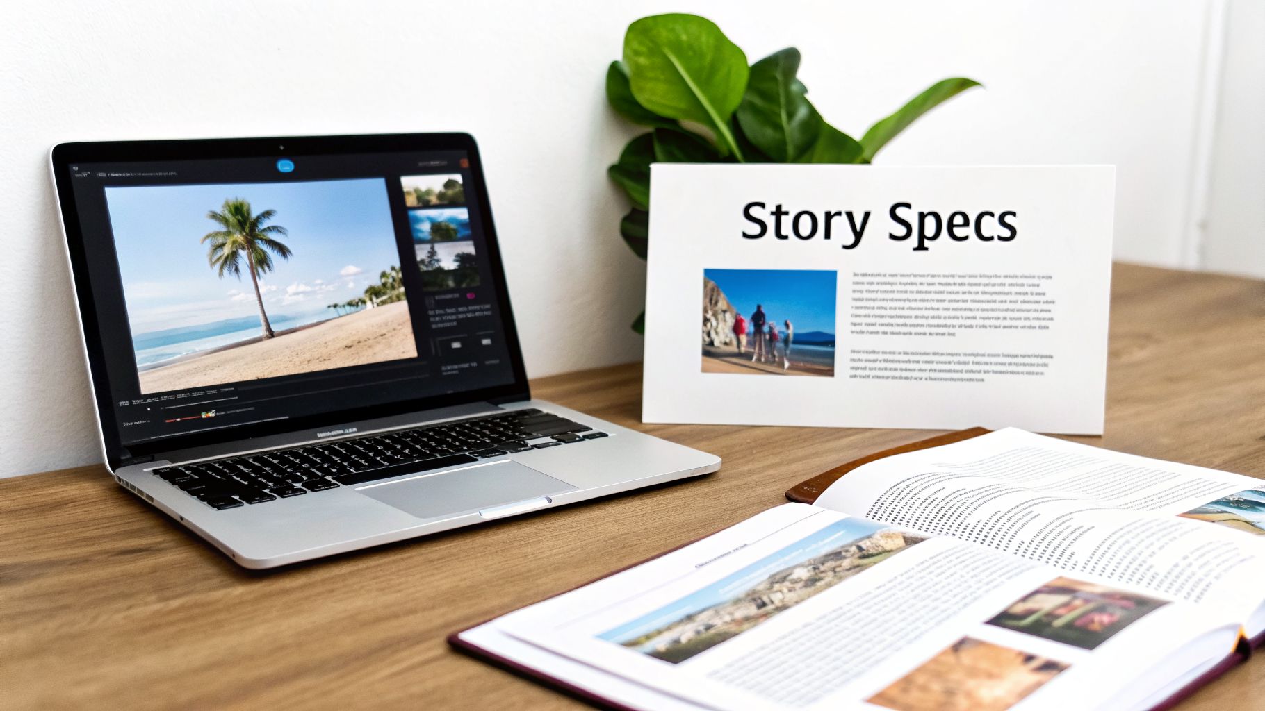 A modern workspace with a laptop showing a beach image, 'Story Specs' sign, and an open magazine.
