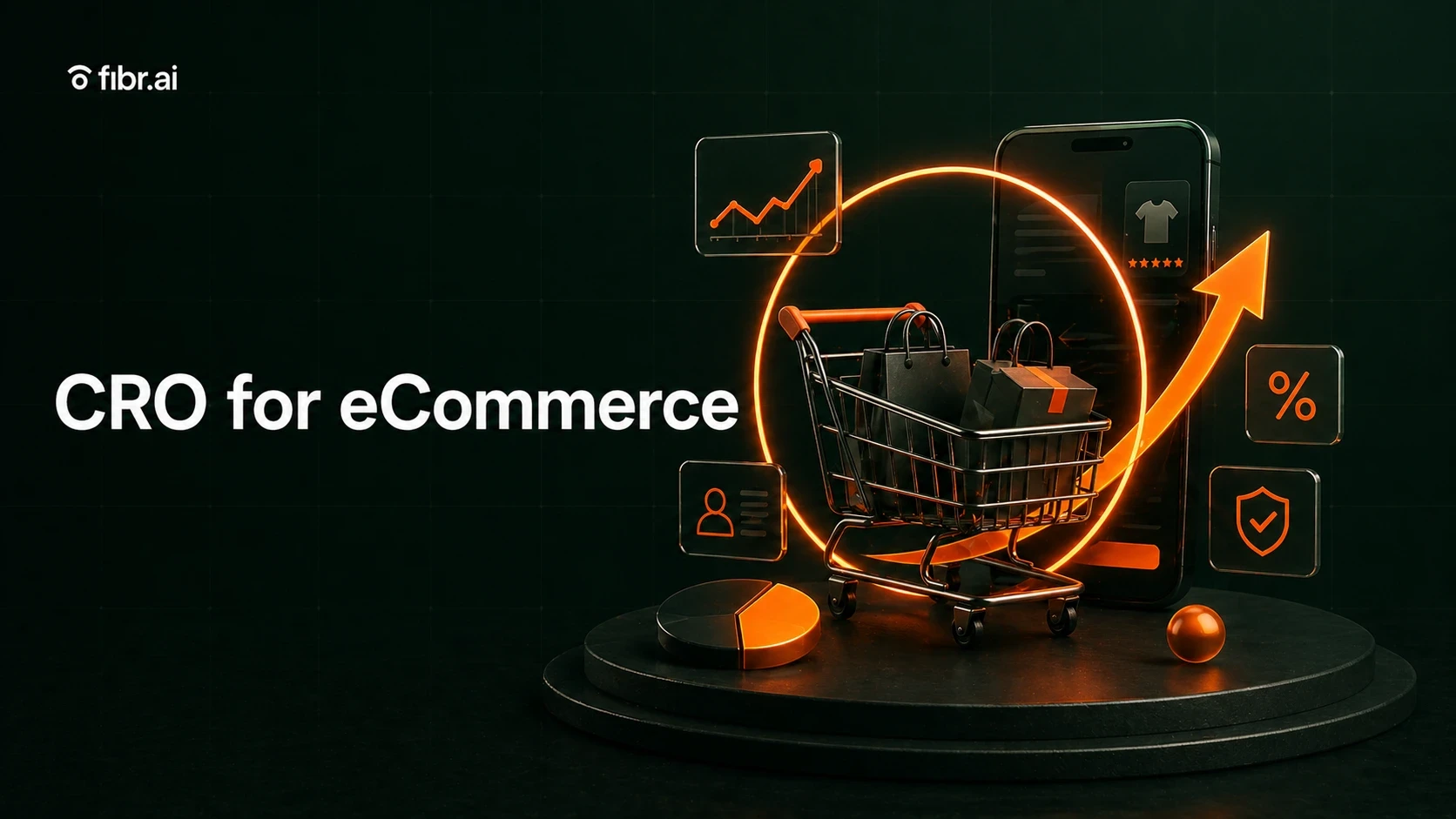 Dark, modern visual showing a shopping cart surrounded by analytics icons and an upward growth arrow, representing improved conversions and performance in eCommerce.