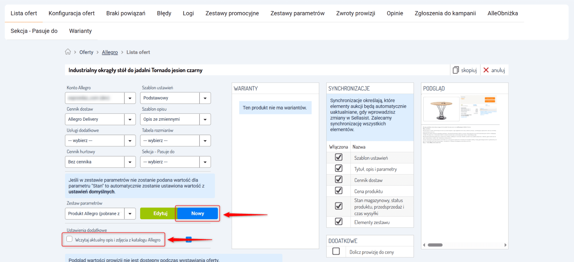 Tworzenie zestawu parametrów Allegro na formularzu wystawiania w SellAsist
