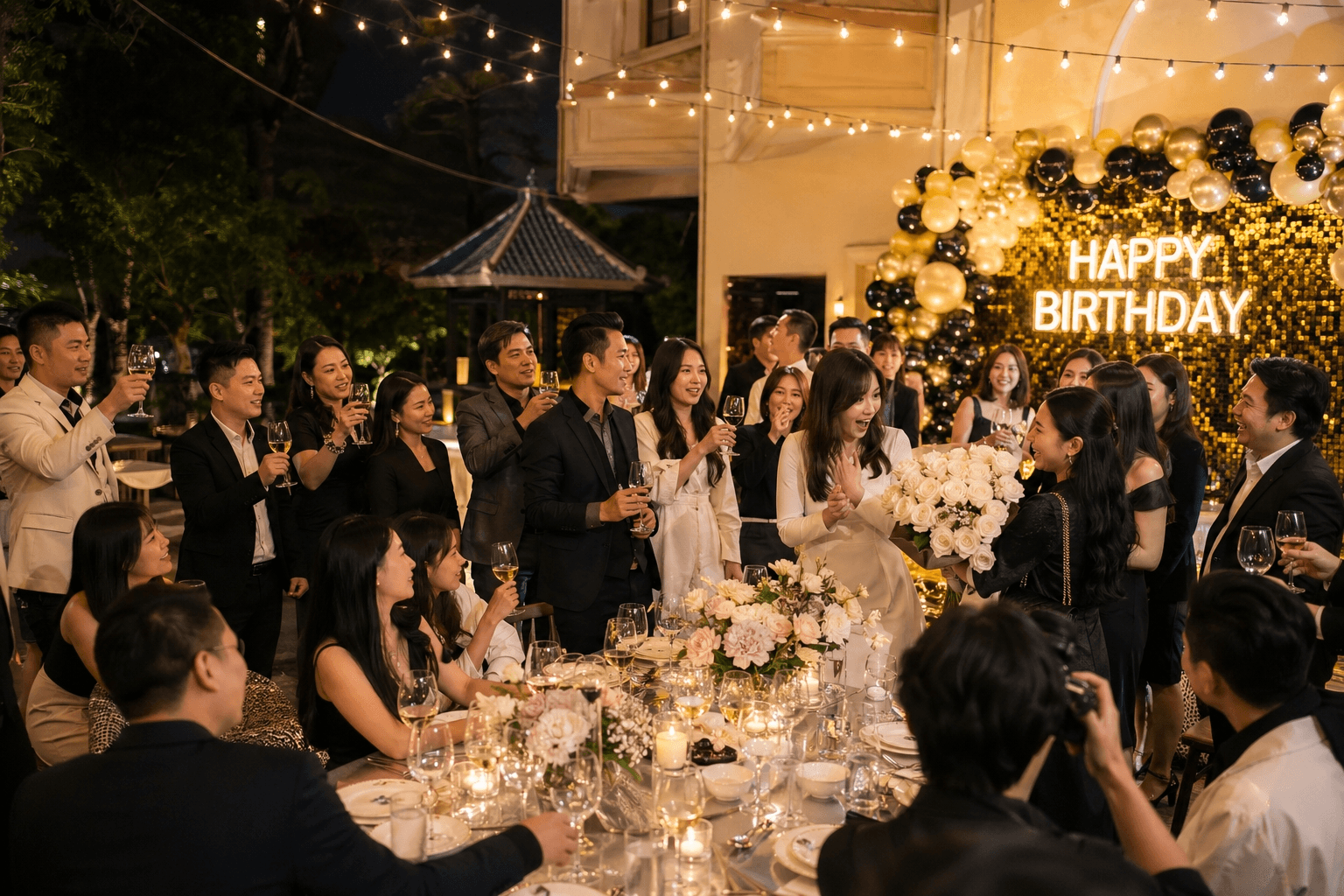 BW Event 360 專業策劃的精緻香港私人生日派對，賓客在璀璨金黑氣球佈景前舉杯慶祝。