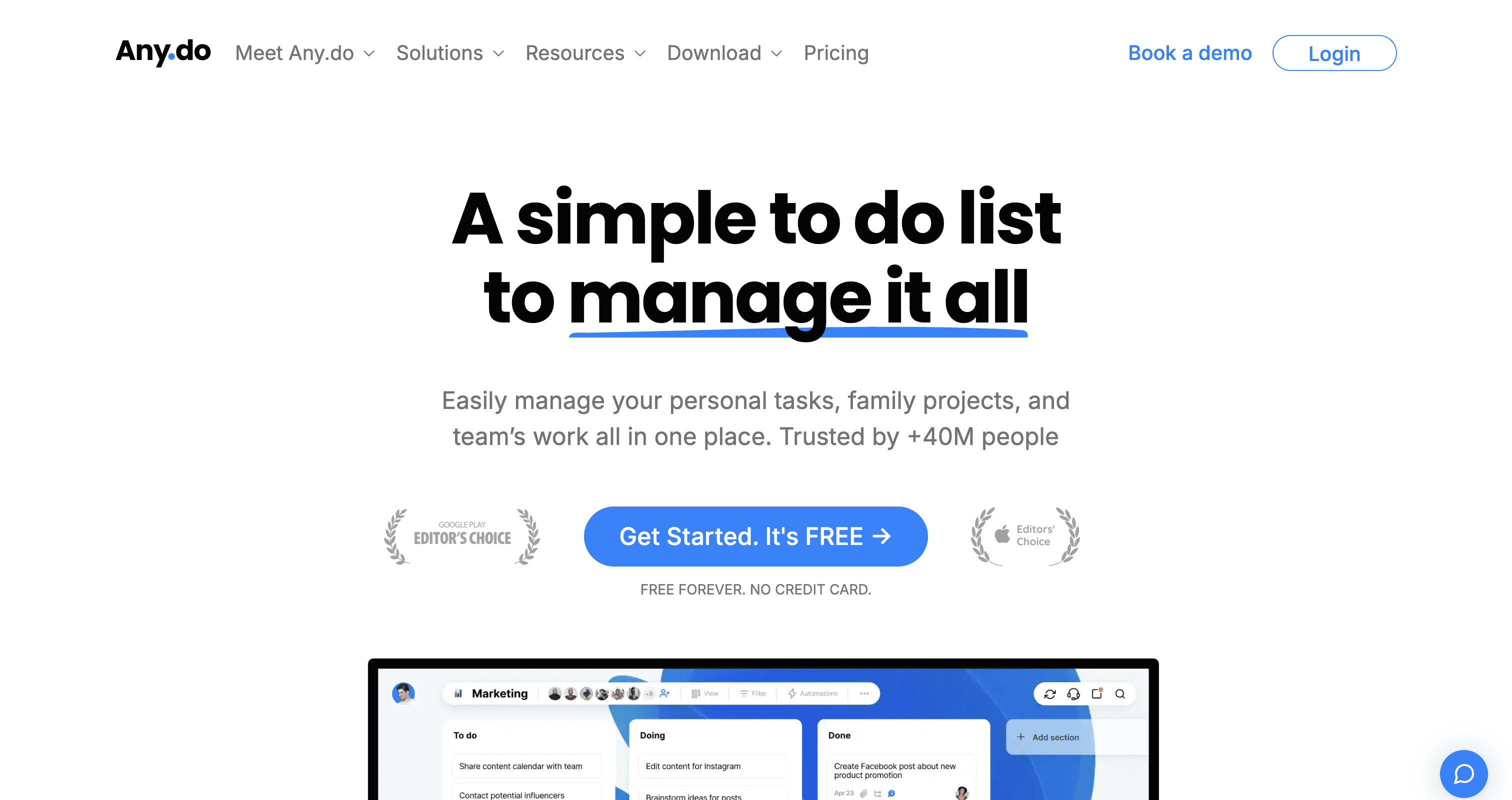 Any.do homepage presenting a simple to-do list app for managing tasks and projects.