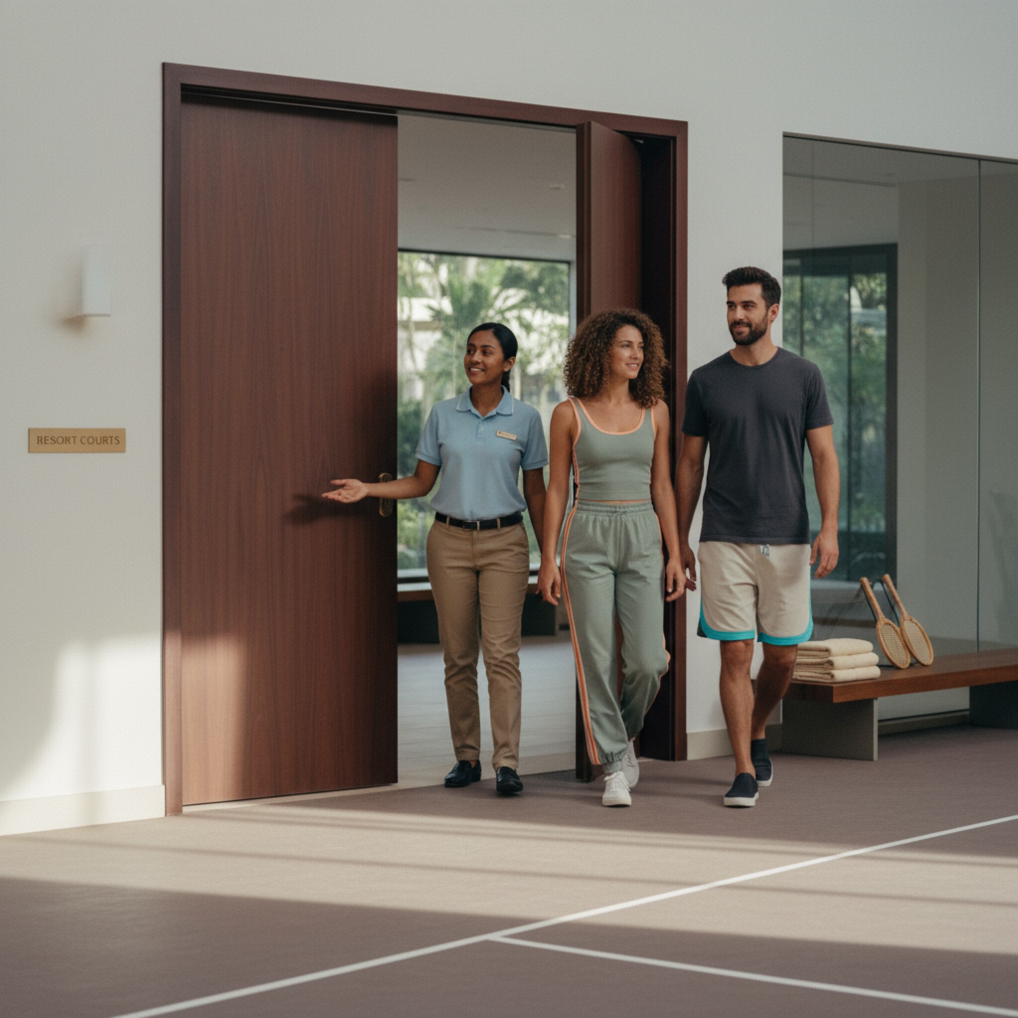 Gäste betreten pünktlich einen gepflegten Court, während sich die Tür elegant öffnet. Ein Mitarbeiter begrüßt sie mit einem freundlichen Nicken und weist auf die freie Spielfläche. Die Szene wirkt flüssig, geordnet und herzlich, ohne sichtbare Technik oder Bildschirme.