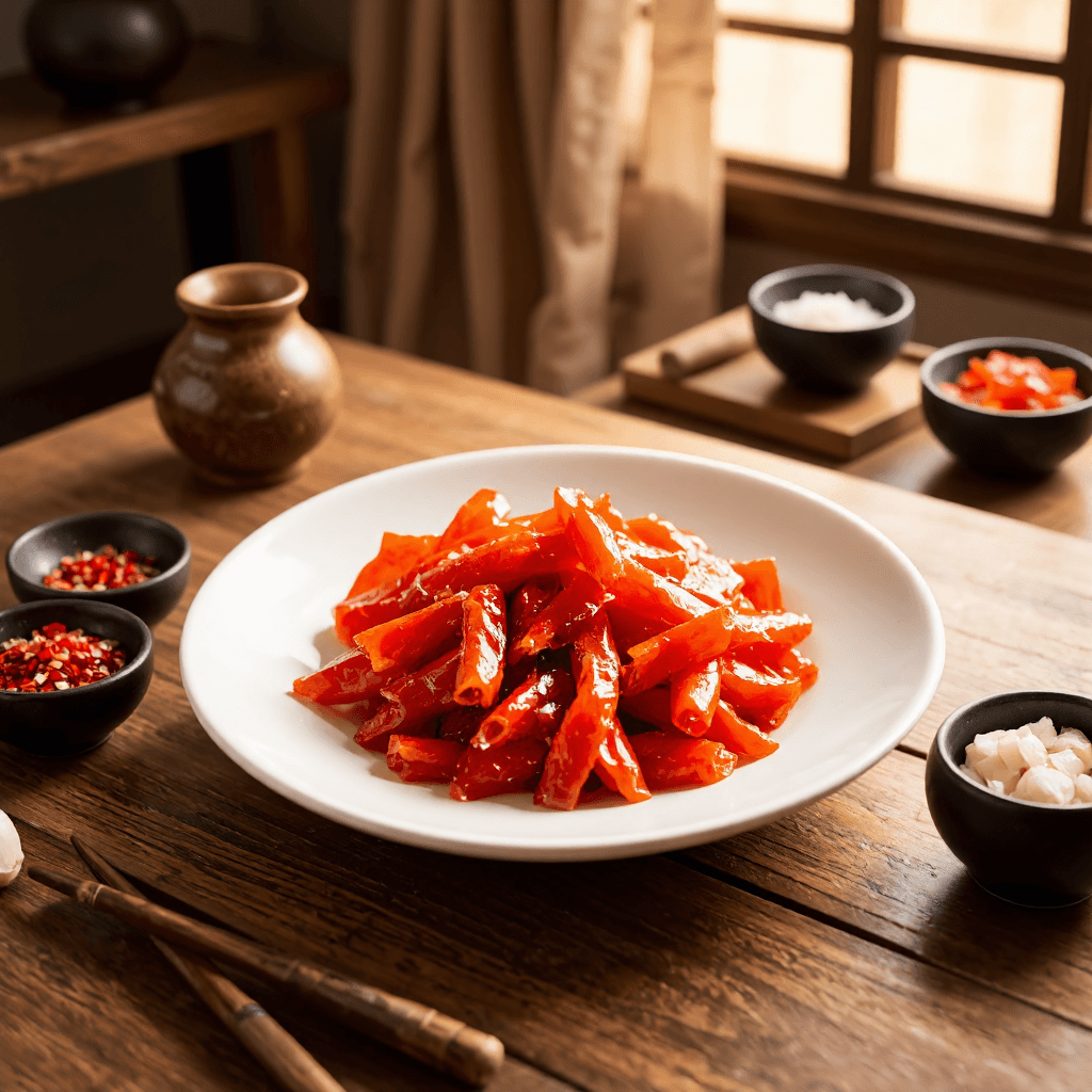 product photography of a plate of fermented vegetables, typically used as a side dish in Korean cuisine