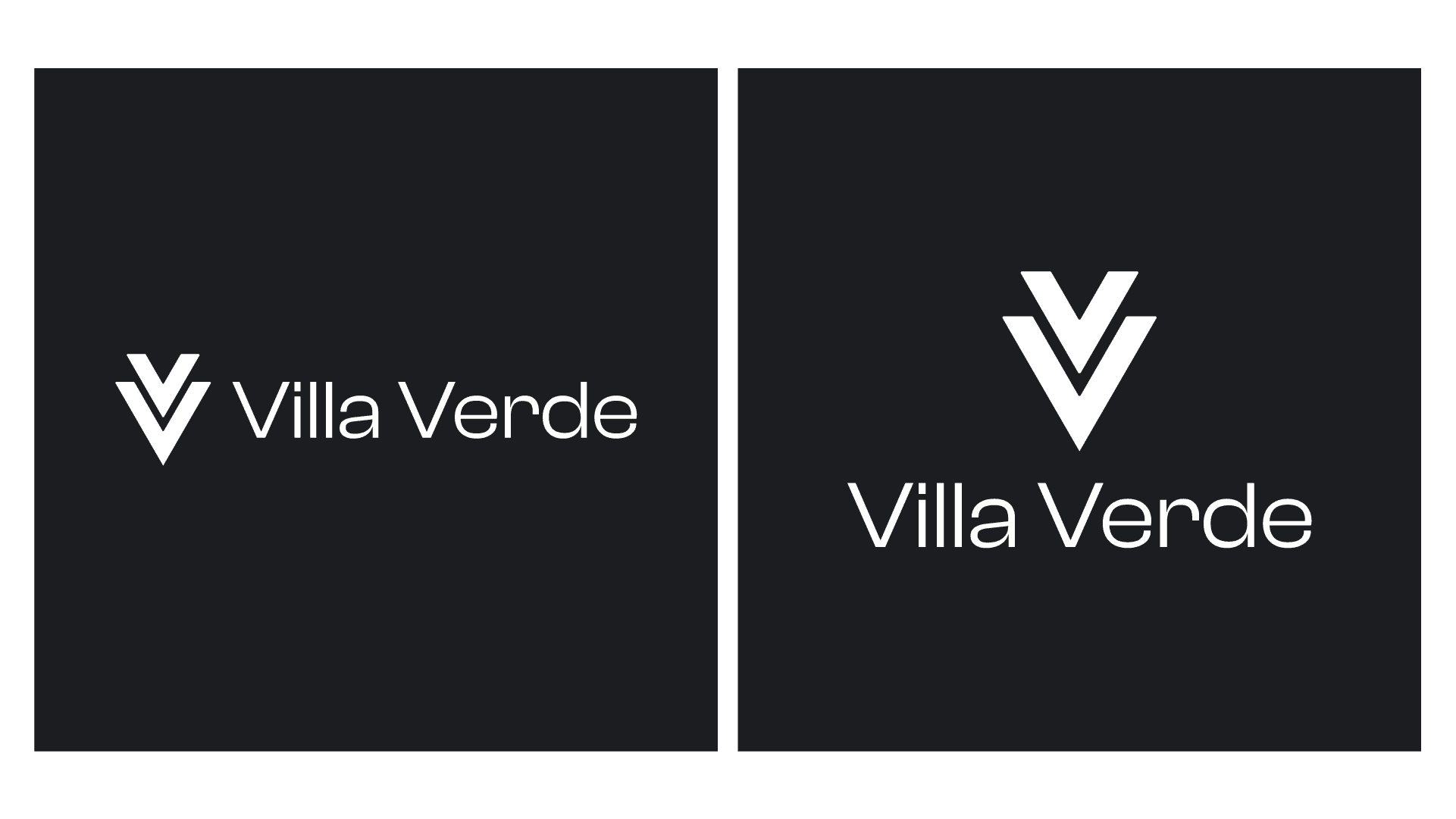Warianty logo Villa Verde w białej wersji na ciemnym tle — układ poziomy i pionowy.