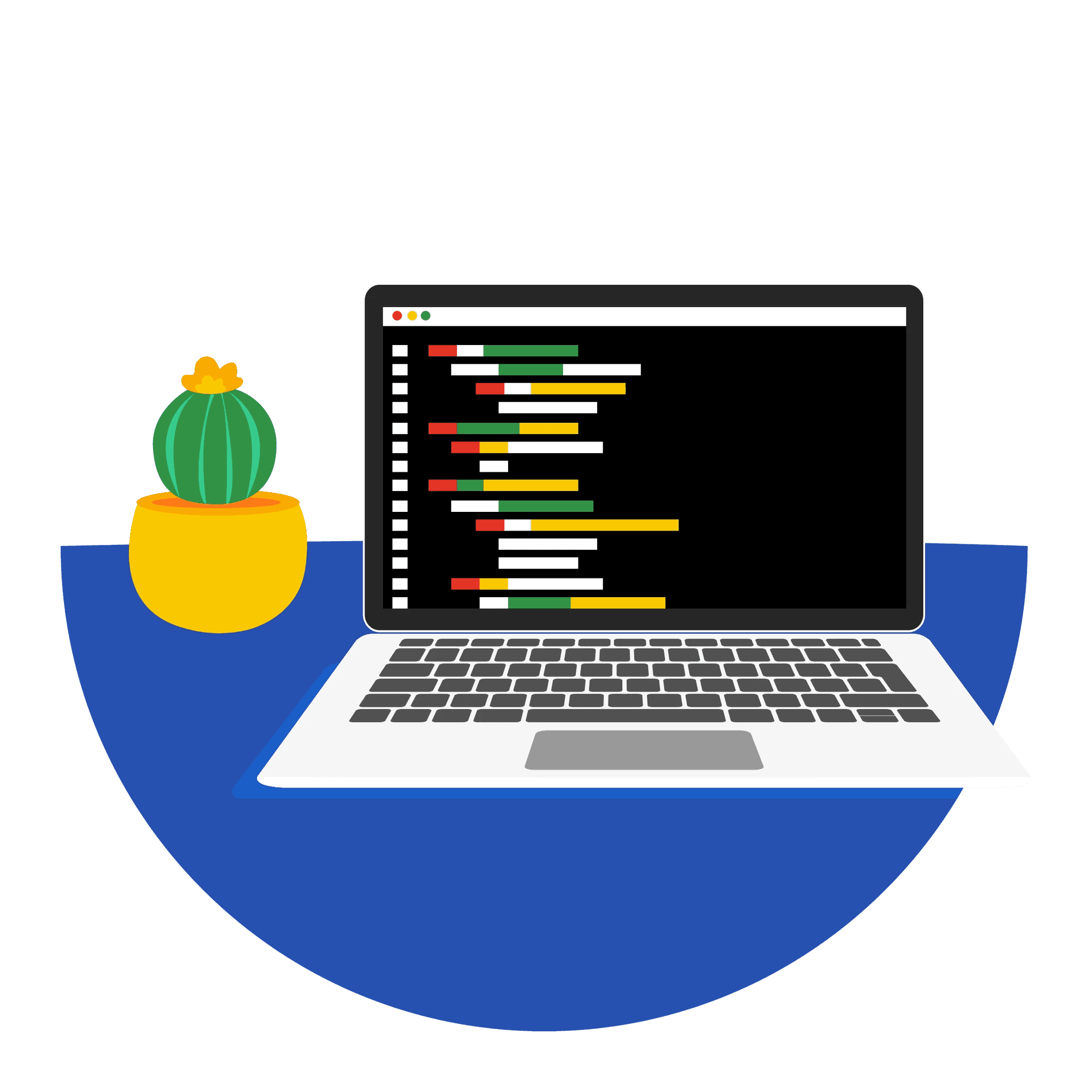 Illustratie van een laptop die kleurgecodeerde programmeercode weergeeft, naast een kleine cactus op een bureau.