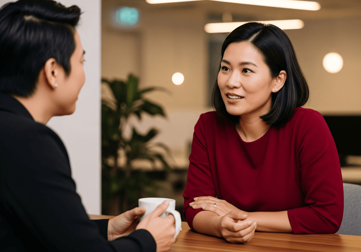 Two people having a friendly conversation at a table, one holding a mug. The atmosphere is warm with soft lighting and plants in the background.