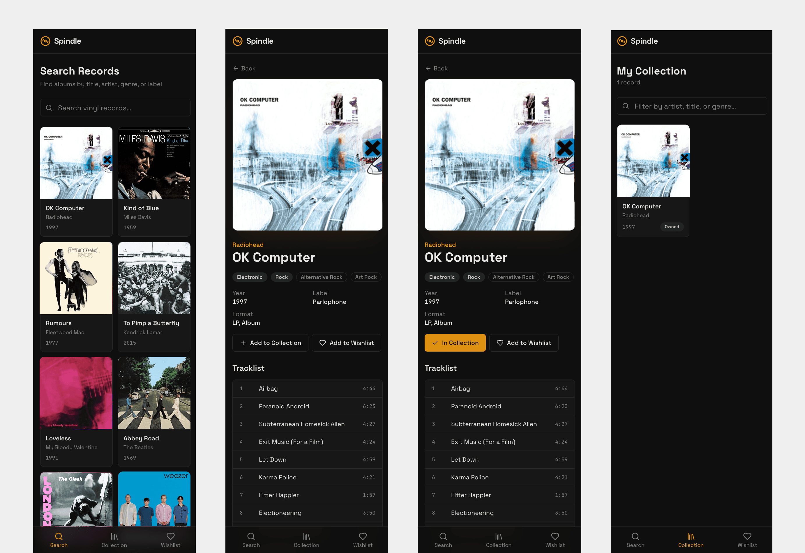 Screenshot of app working with real data i.e.album artwork in meta info pulling through.