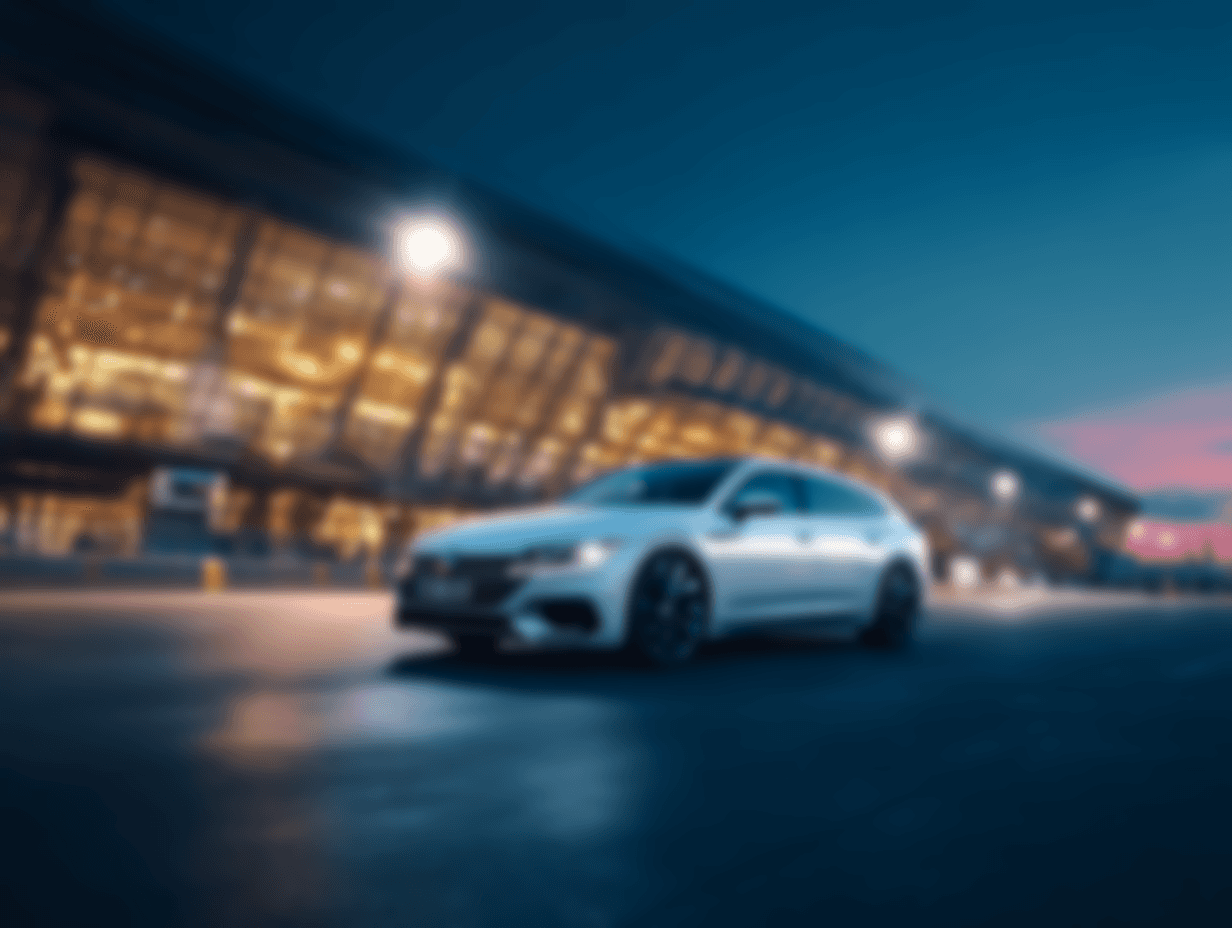 Weißes Auto fährt nachts vor hellem Hintergrund. Elegantes Design, modernes Fahrzeug.