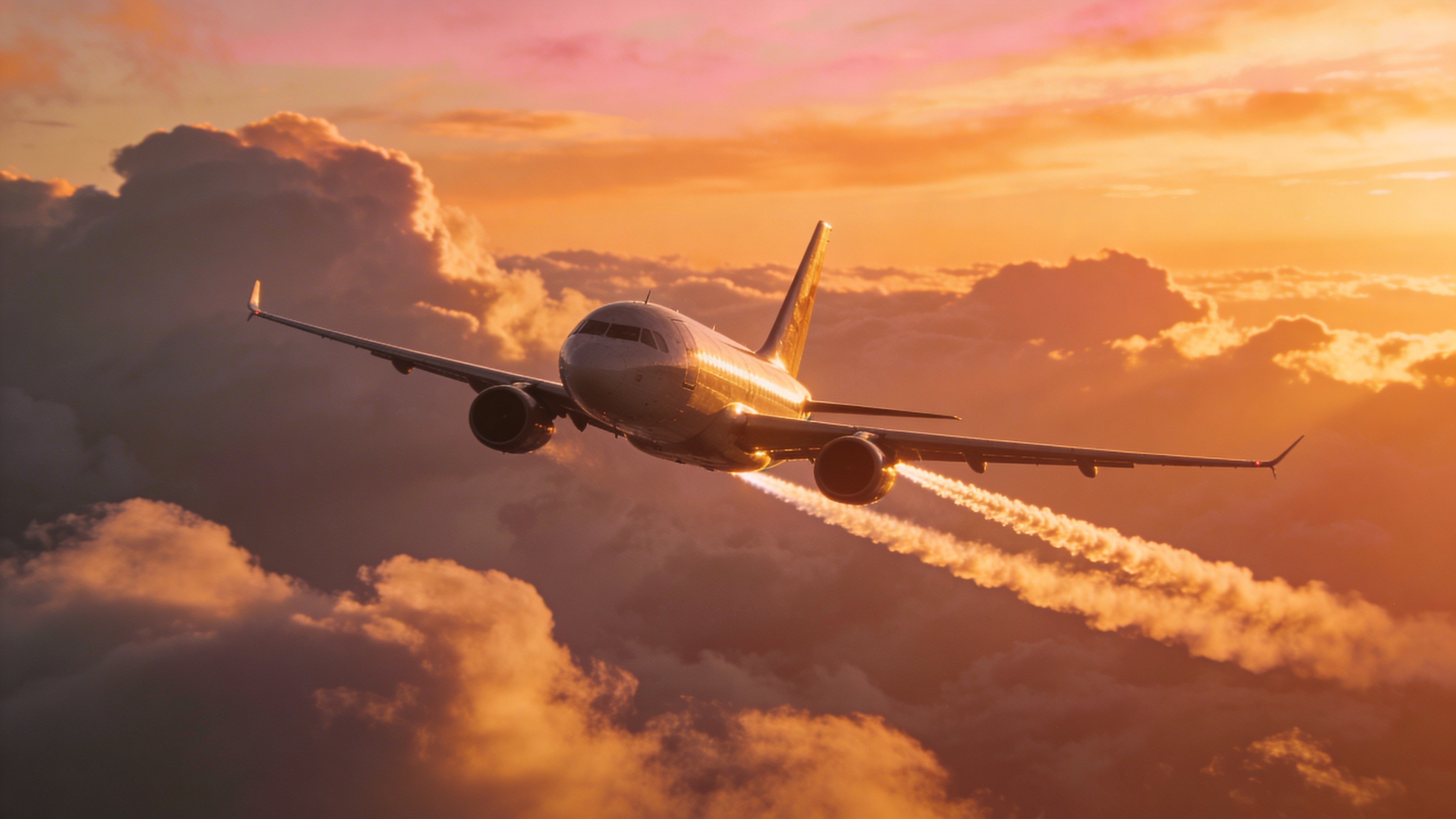 Jet flying above sunset clouds, golden cinematic tones