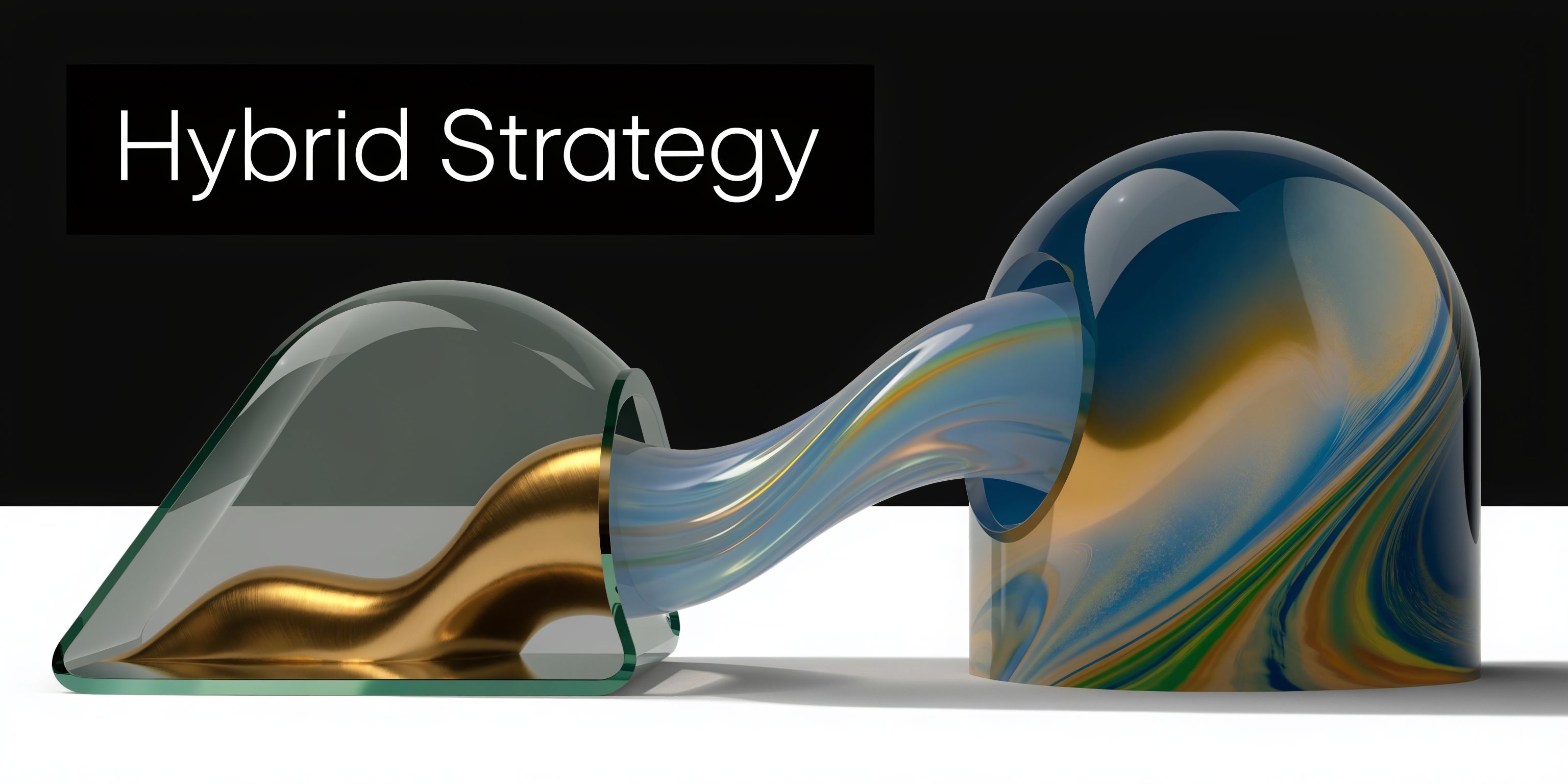 A modern 3D abstract composition showing a golden form connecting to a swirling, multicolored glossy structure.