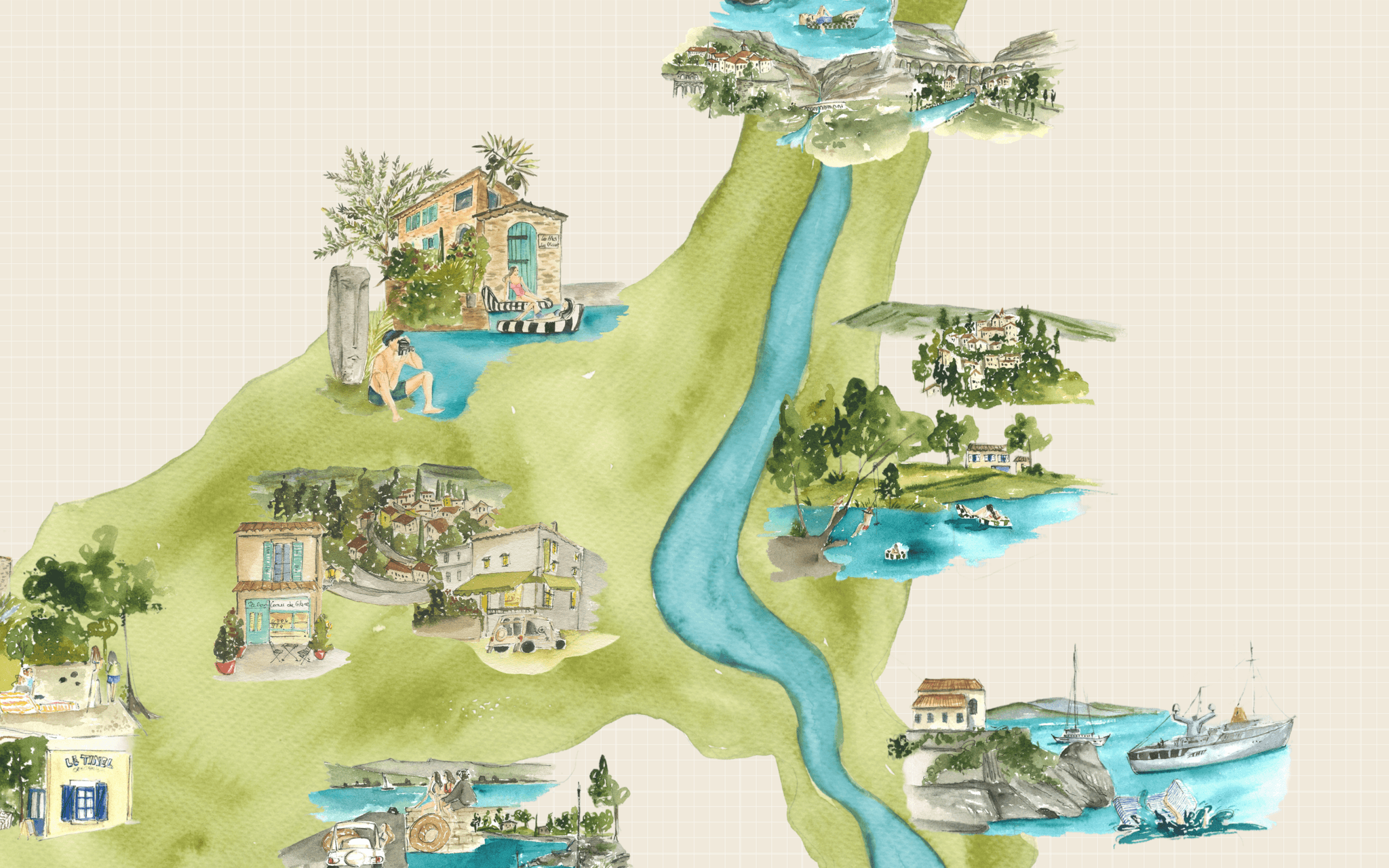Illustrated watercolour map of the South of France showing Oliver James Lilos campaign locations along a winding river