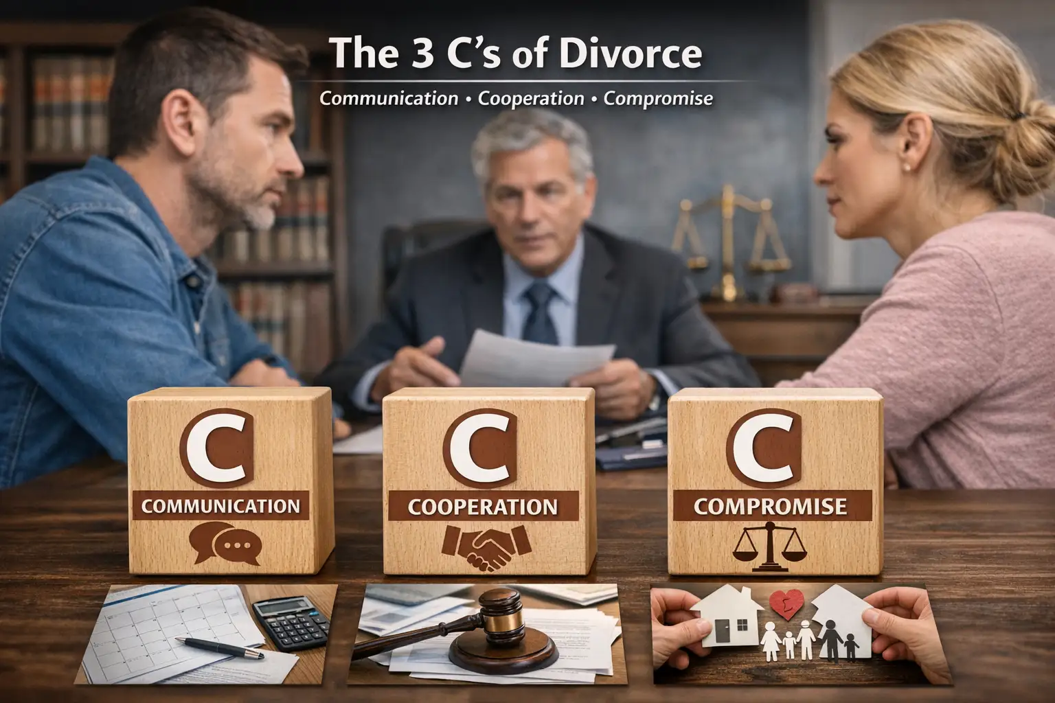 A divorcing couple sits across from a male attorney in his office, with large wooden blocks in the foreground labeled “Communication,” “Cooperation,” and “Compromise,” symbolizing the 3 C’s of divorce and the balance between family, finances, and the legal process.
