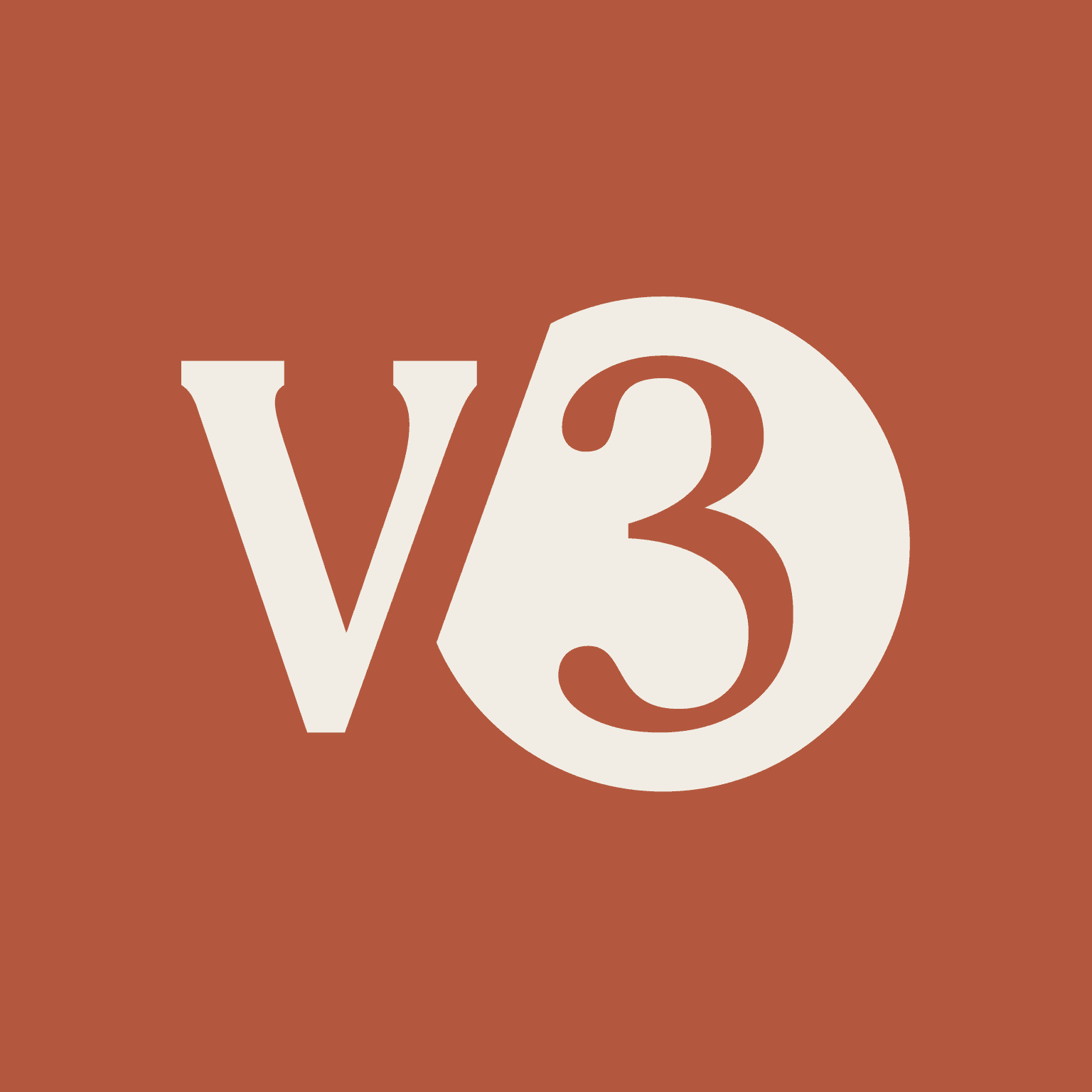 Logo featuring "V3" in a cream font on a rust-colored background.