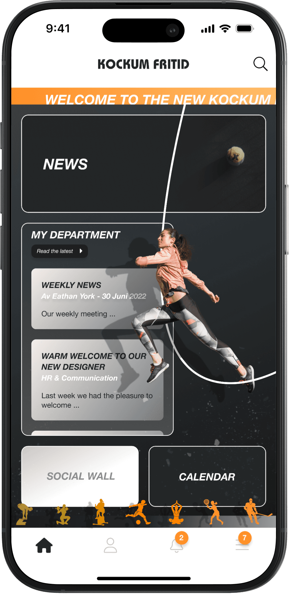 Mobile app interface showing the Kockum Fritid internal app home screen with navigation, news updates, and activity-related features.