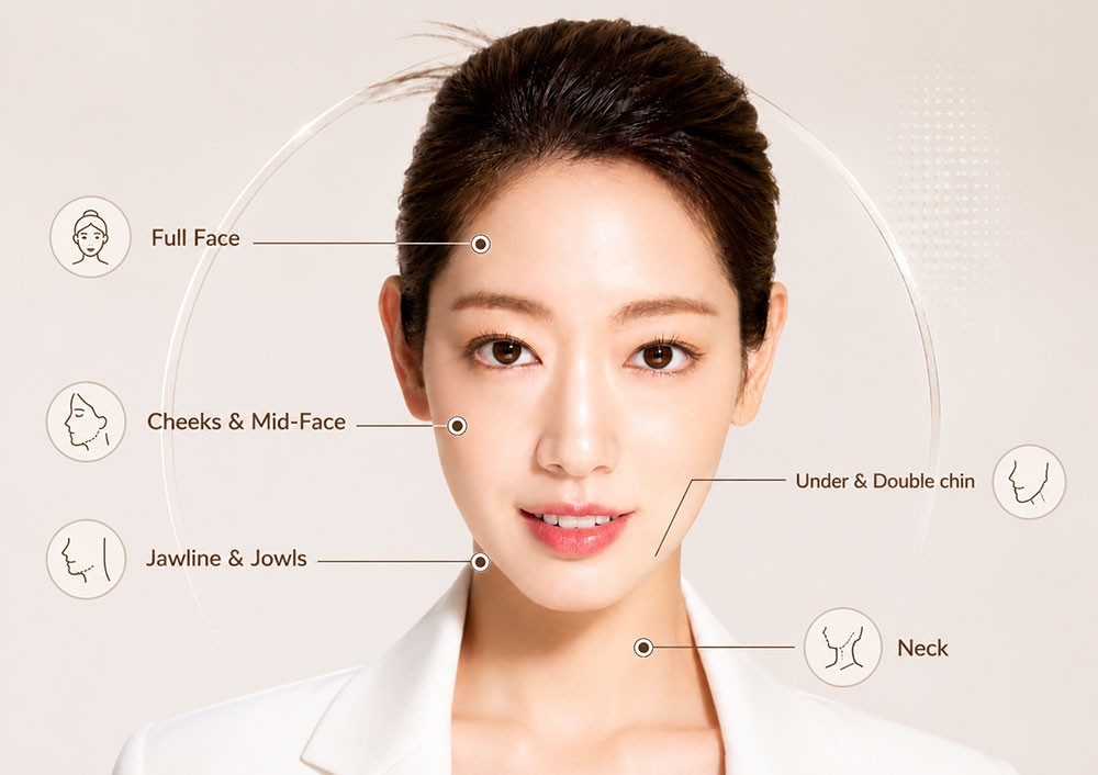 Illustration showing the areas that can be treated with XERF radiofrequency skin tightening, including the cheeks, jawline, double chin, and neck.