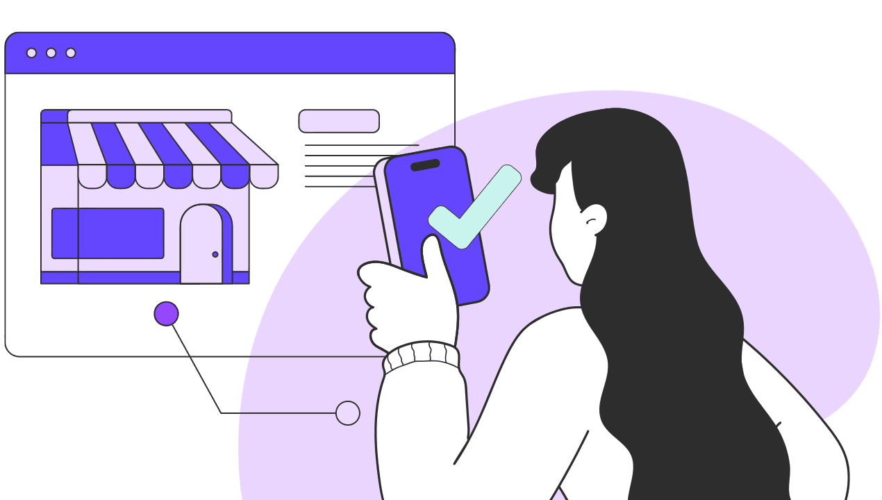 Illustration of a tenant holding a phone with a tick mark in front of a house listing webpage.