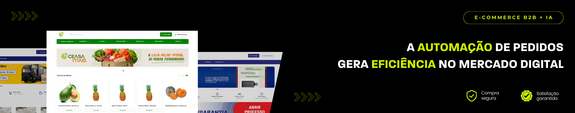 Banner horizontal com fundo escuro, ícones de segurança e satisfação, e imagens de lojas B2B exibidas à esquerda. Elementos gráficos em verde destacam o tema de e-commerce B2B com IA.