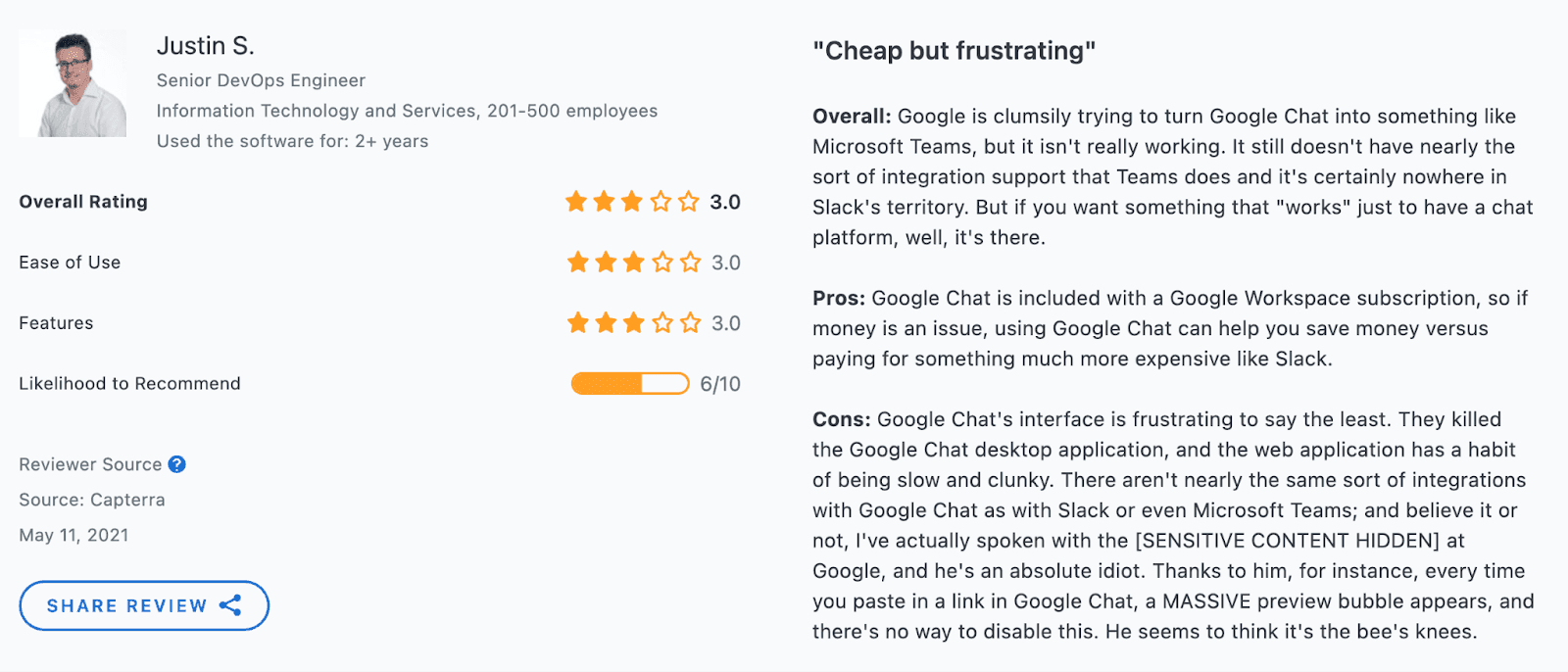 A review of Google Chat from Capterra