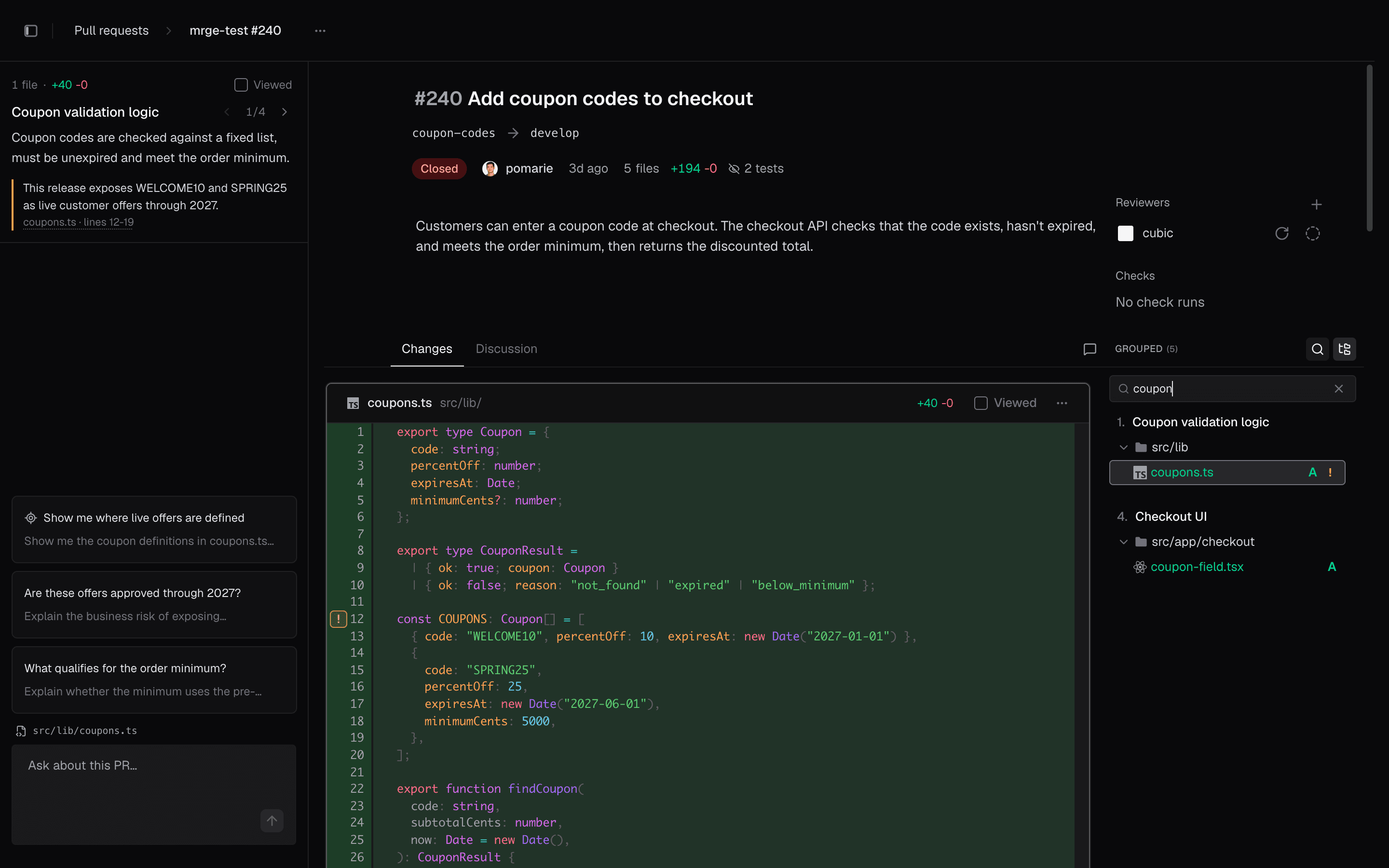cubic pull request page showing the code diff, searchable file list and review context