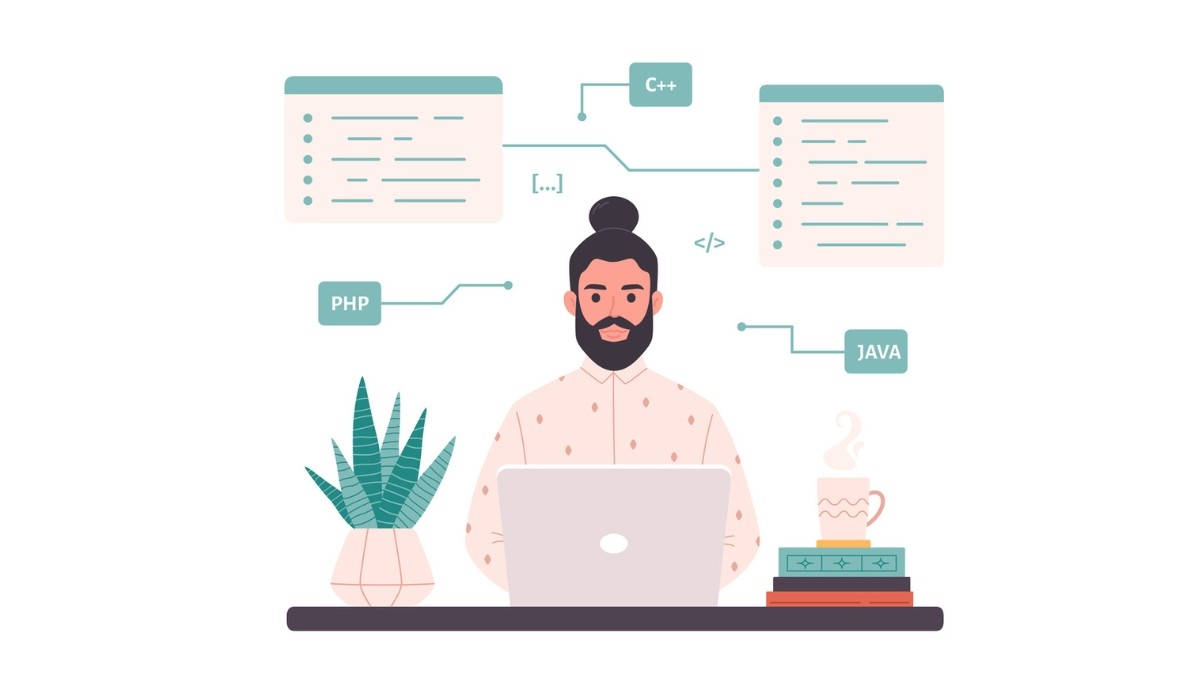 Illustration of a developer at a desk working on a laptop, surrounded by icons for programming languages like PHP, C++, and Java, along with code snippets and tools, symbolizing the technical expertise, problem-solving, and professional environment of a senior engineer role in 2026.