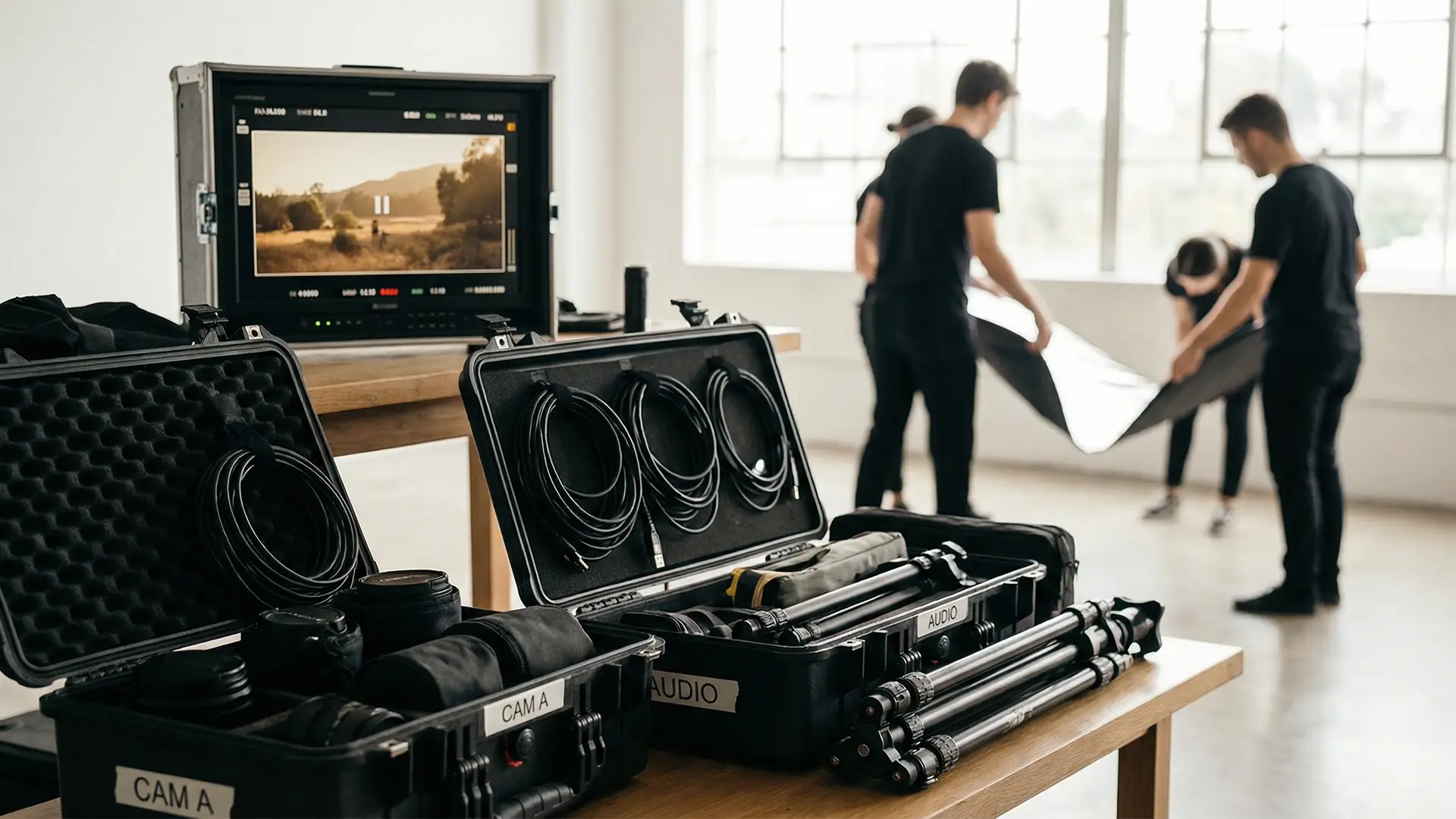 Video production equipment laid out after a filming day, with camera cases and cables in focus while a crew packs down in the background.