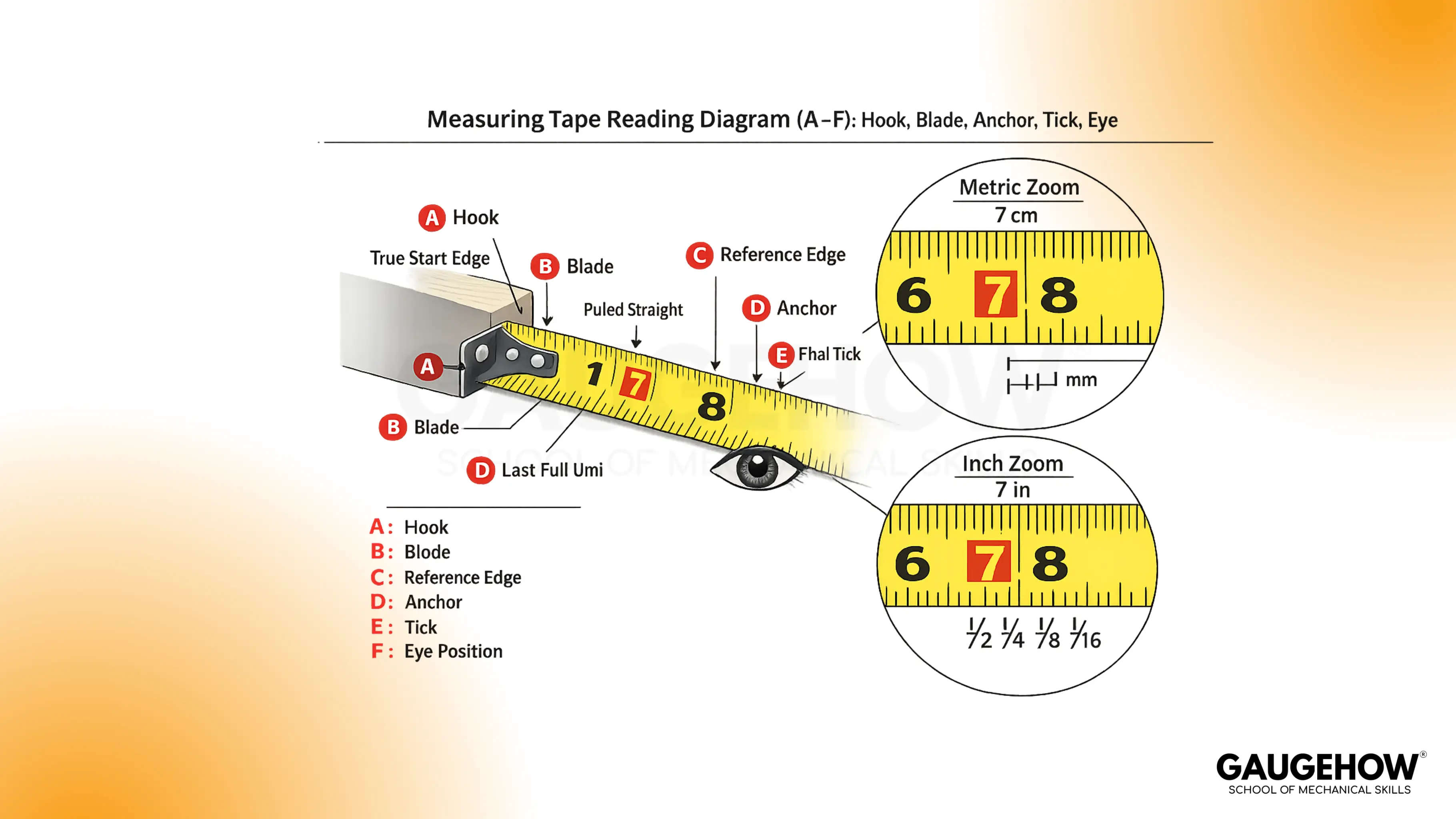 Measuring tape reading diagram with labeled parts