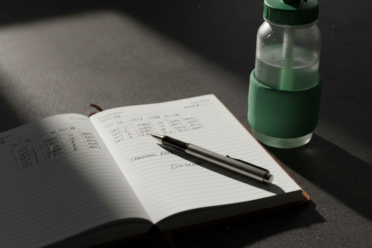 Training log with pen and water bottle