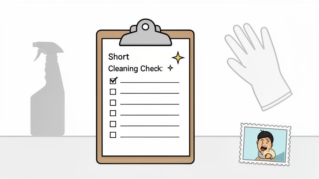 An illustration showing a cleaning checklist on a clipboard, a spray bottle, and a cleaning glove.