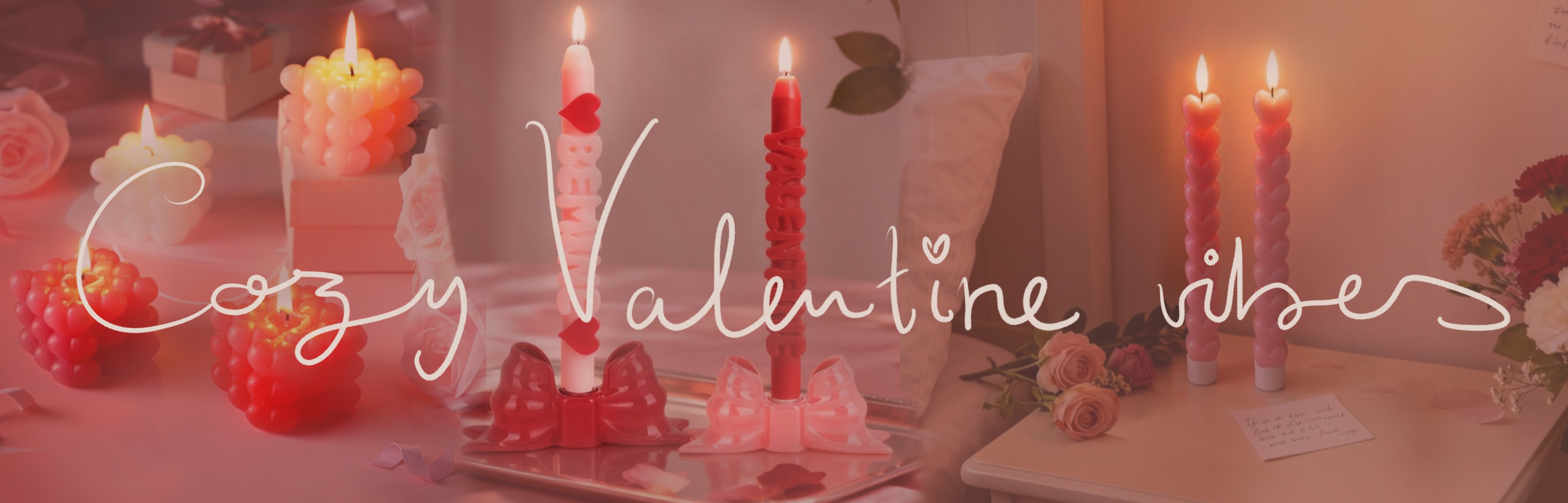 Aesthetic image gathering various candles in pink and red colors showcasing valentine's day decor in a cozy way