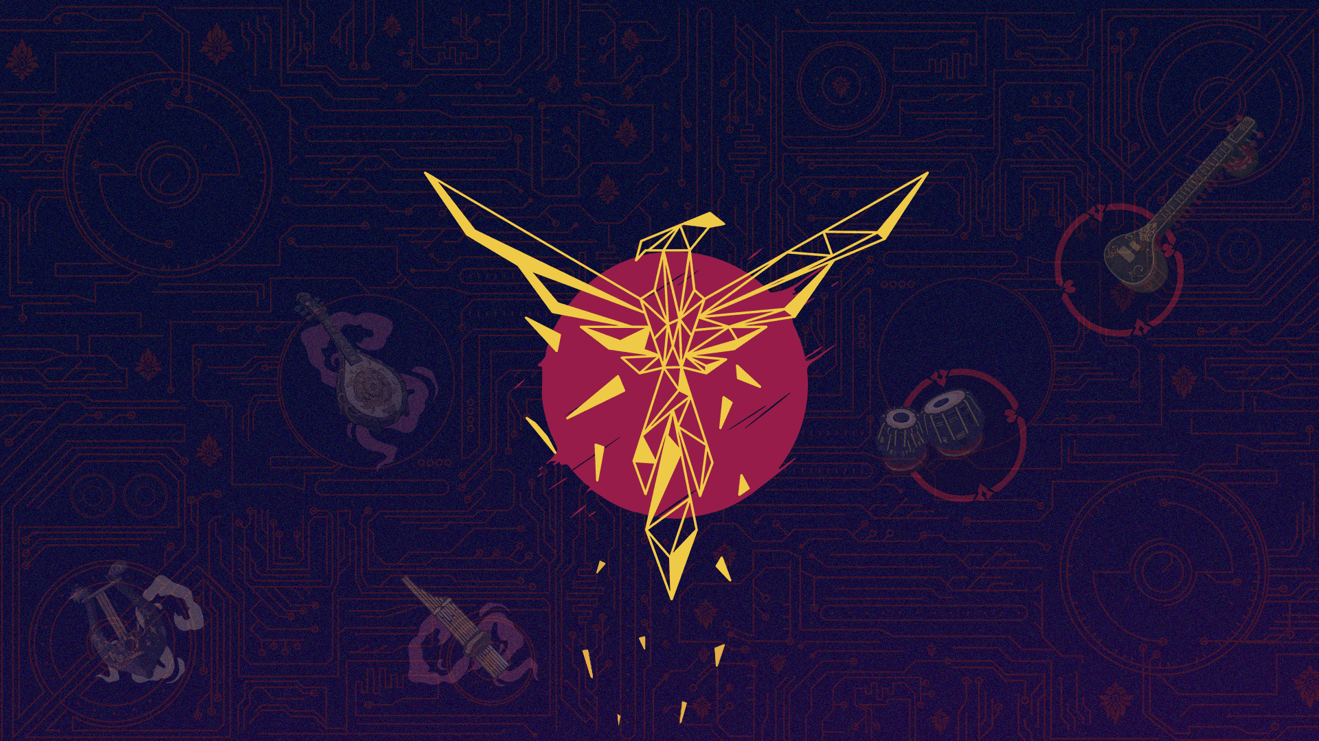 A phoenix bird which is the logo of the brand into flight losing fire sourrounded by Futuristic & folk music instruments, in the background a futuristic pattern of Circuit boards.