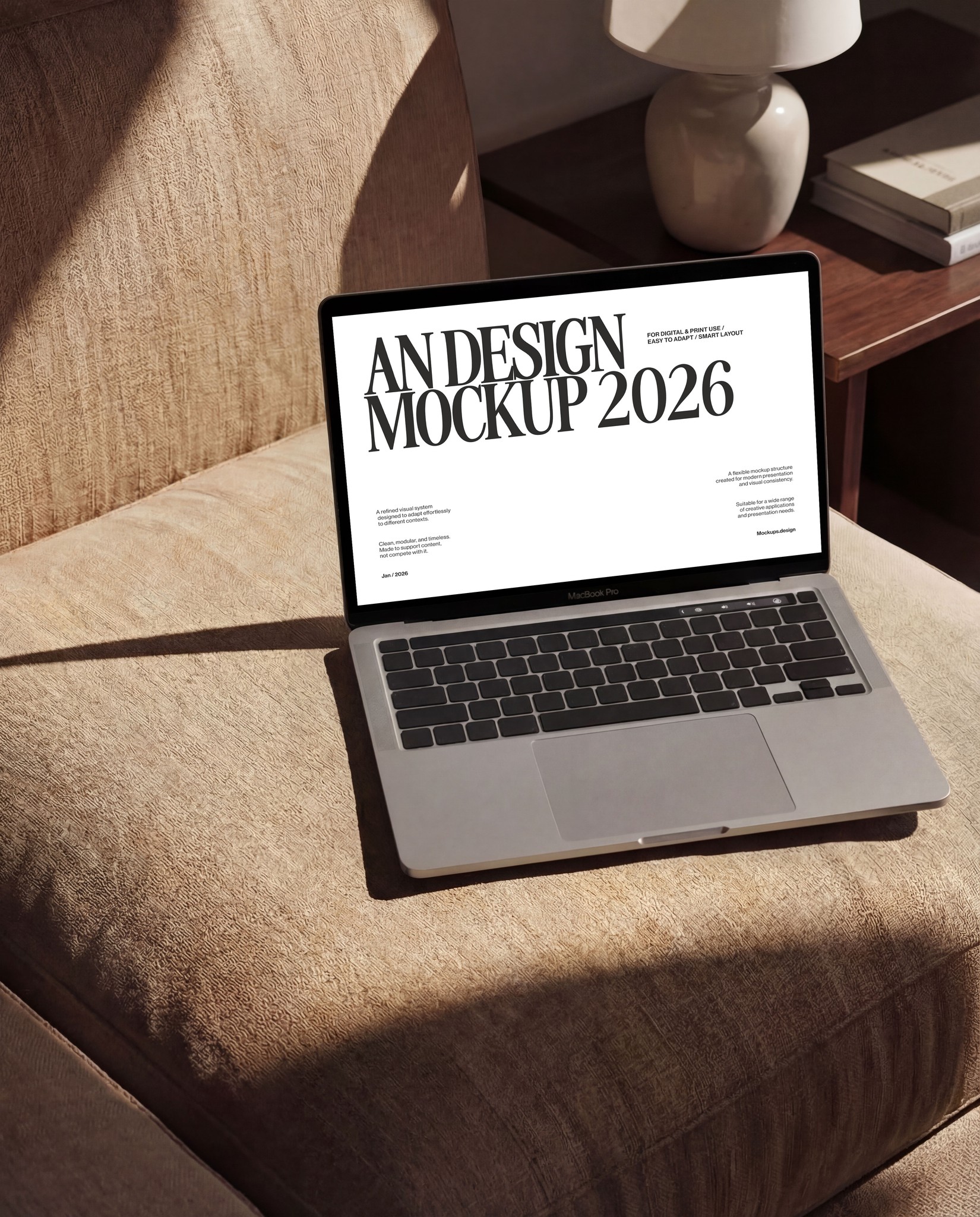 Laptop mockup on couch, sleek lifestyle home scene