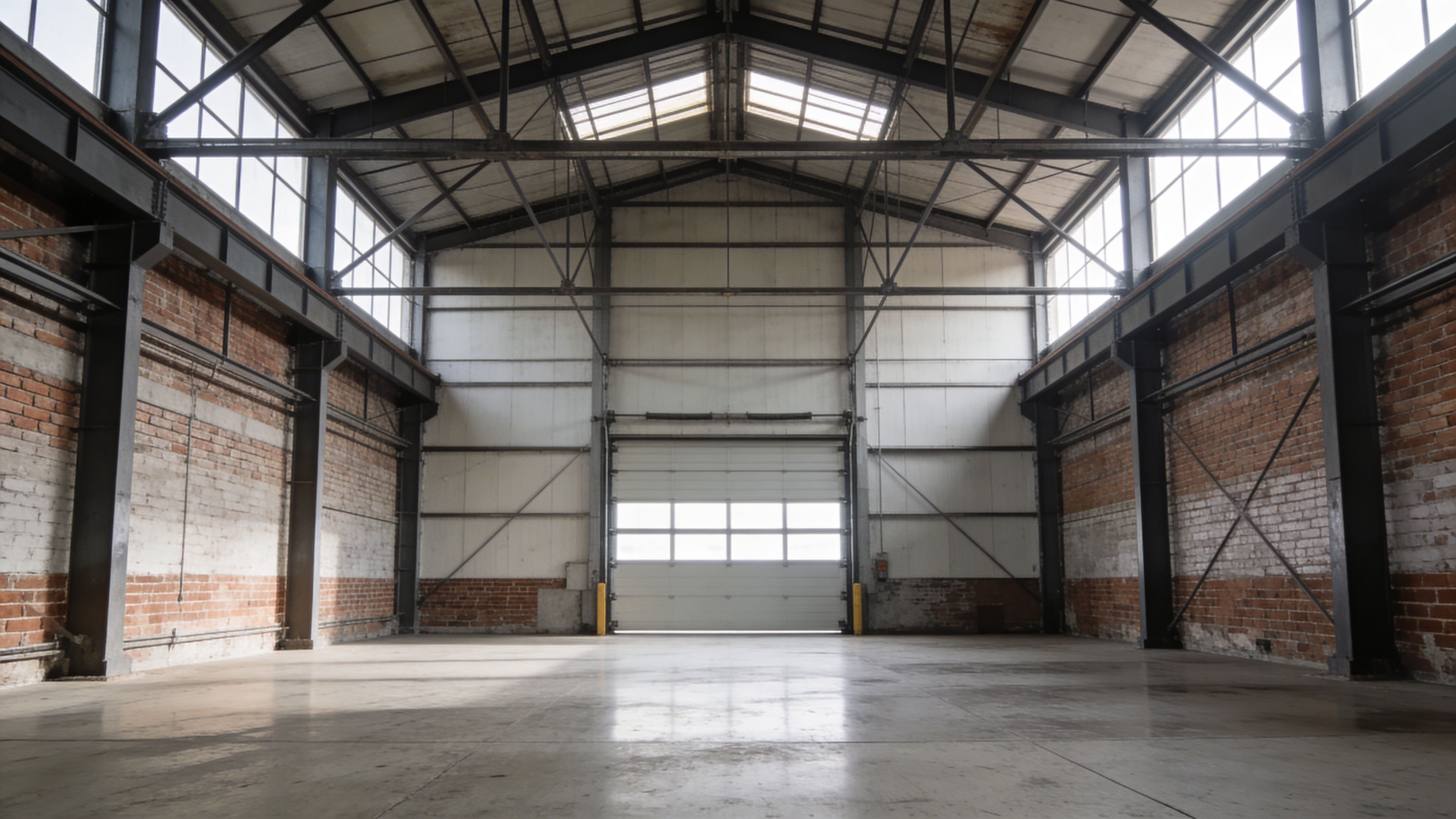 Empty industrial warehouse interior with high ceilings, steel beams, and large loading door, minimal and spacious