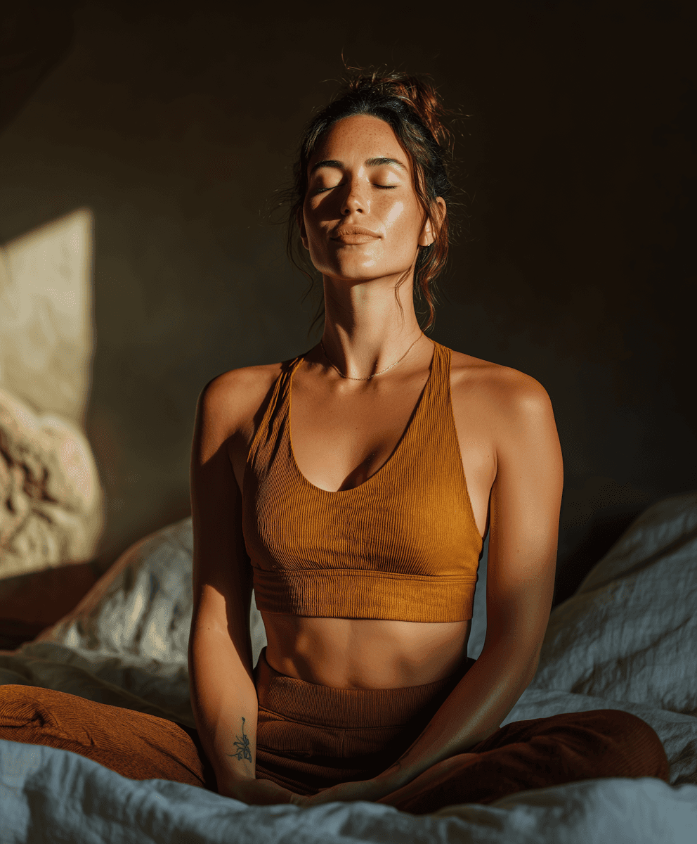 A woman with closed eyes sits cross-legged in warm sunlight, wearing an orange sports top and pants, exuding calm and serenity in a cozy setting.