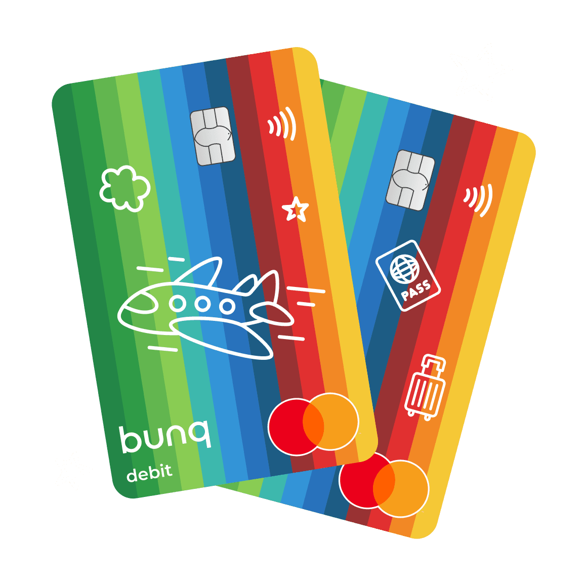 Two colorful bunq debit cards with travel-themed illustrations like a plane, clouds, and stars—suggesting travel or holiday spending.