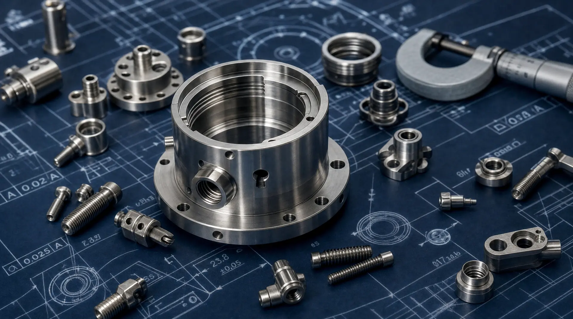 Polished metal mechanical components, bolts, and a flanged ring assembly arranged on a technical blueprint grid, aligned for manufacturing video marketing and manufacturing website design materials.