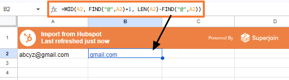 =MID(A2, FIND("@", A2) + 1, LEN(A2) - FIND("@", A2))