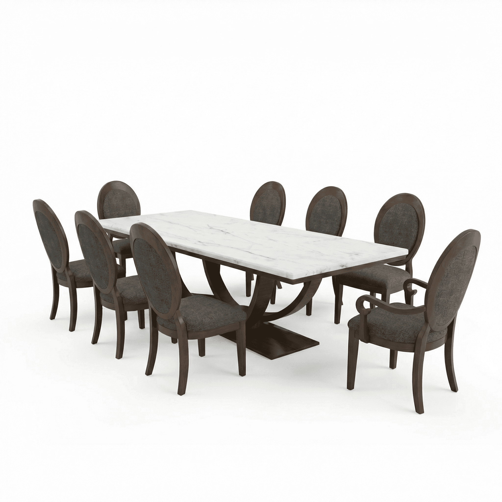 Rectangular classic dining set with stone‑finish top and upholstered chairs